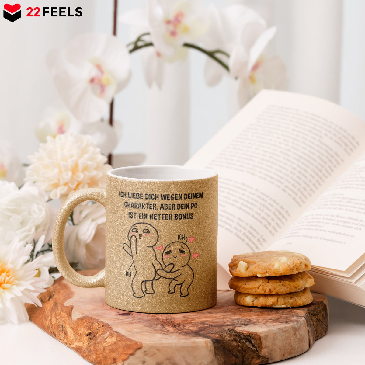 22Feels® Pärchen Geschenk zum Jahrestag, Hochzeitstag, Valentinstag etc. - Glitzertasse mit Spruch (Gold, 320ml)-Glitzertasse Gold 325ml-22Feels