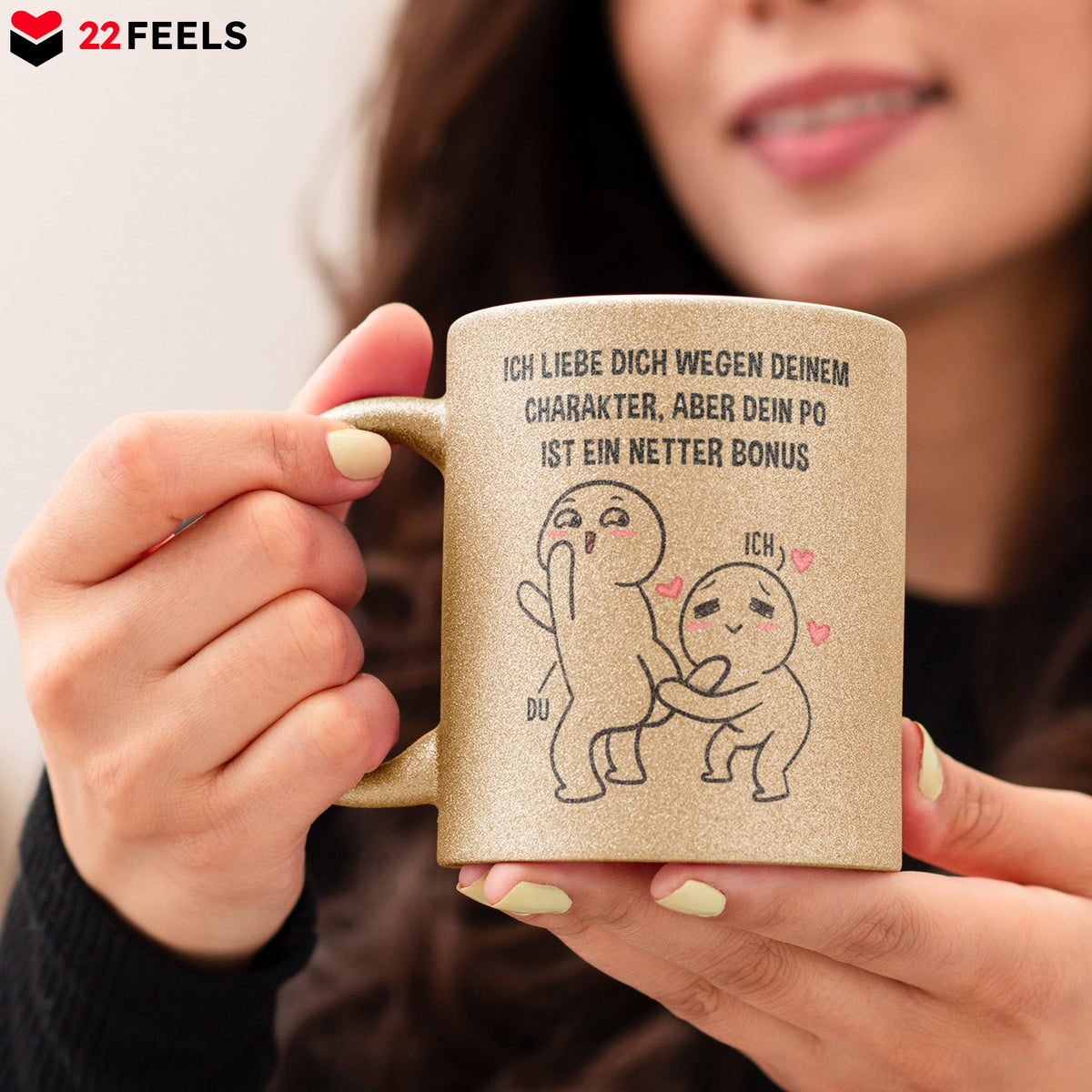 22Feels® Pärchen Geschenk zum Jahrestag, Hochzeitstag, Valentinstag etc. - Glitzertasse mit Spruch (Gold, 320ml)-Glitzertasse Gold 325ml-22Feels