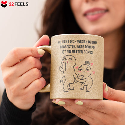 22Feels® Pärchen Geschenk zum Jahrestag, Hochzeitstag, Valentinstag etc. - Glitzertasse mit Spruch (Gold, 320ml)-Glitzertasse Gold 325ml-22Feels