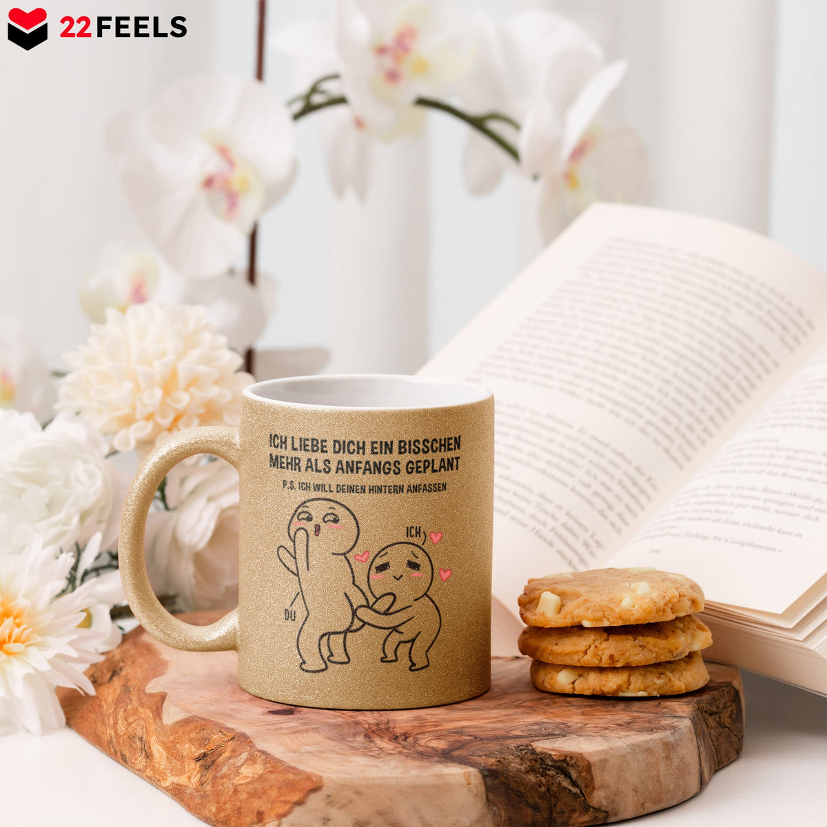 22Feels® Pärchen Geschenk zum Jahrestag, Hochzeitstag, Valentinstag etc. - Glitzertasse mit Spruch (Gold, 320ml)-Glitzertasse Gold 325ml-22Feels