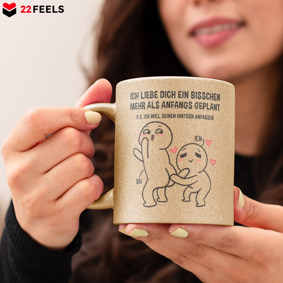 22Feels® Pärchen Geschenk zum Jahrestag, Hochzeitstag, Valentinstag etc. - Glitzertasse mit Spruch (Gold, 320ml)-Glitzertasse Gold 325ml-22Feels