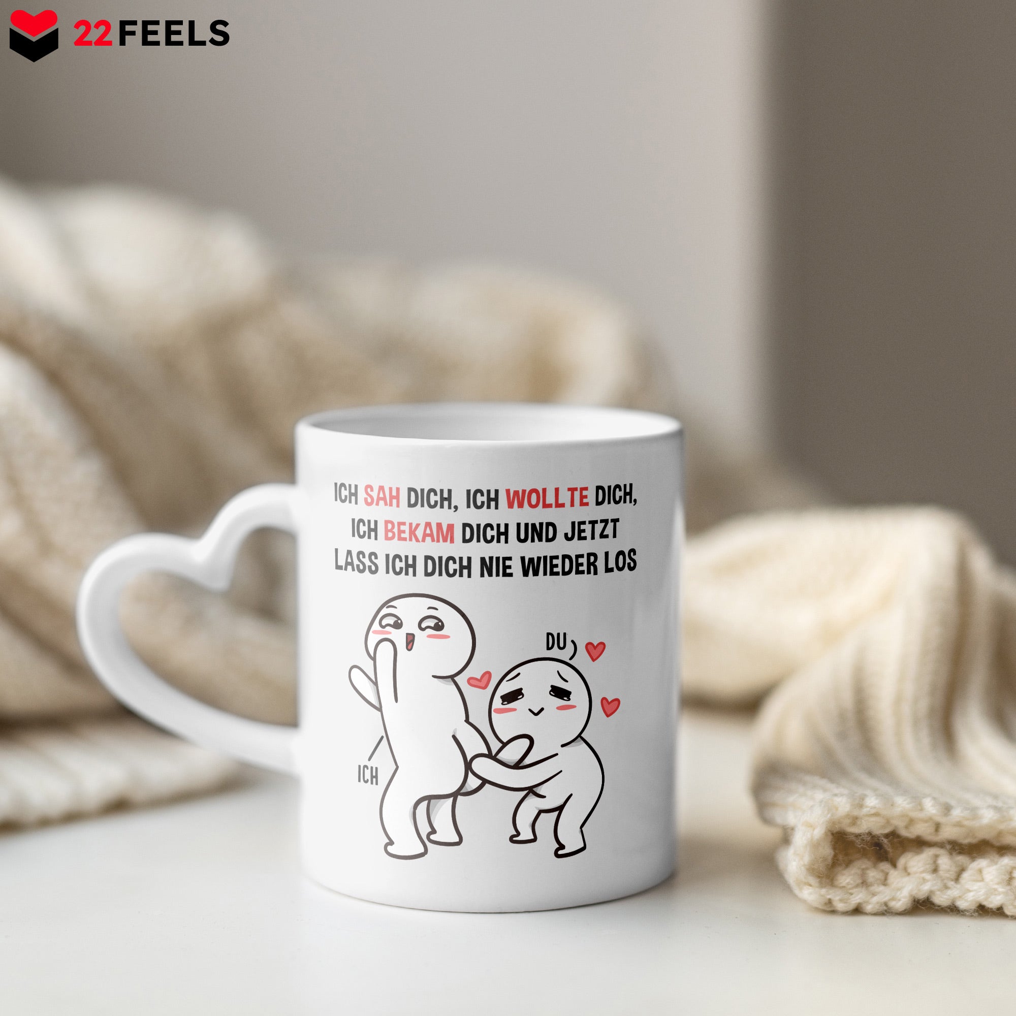 22Feels® Paar Geschenk zum Jahrestag, Hochzeitstag, Valentinstag etc. - Tasse mit Spruch: Ich sah dich (Herzhenkel, Weiss, 320ml)-Tasse Weiss Herzhenkel 320ml-22Feels