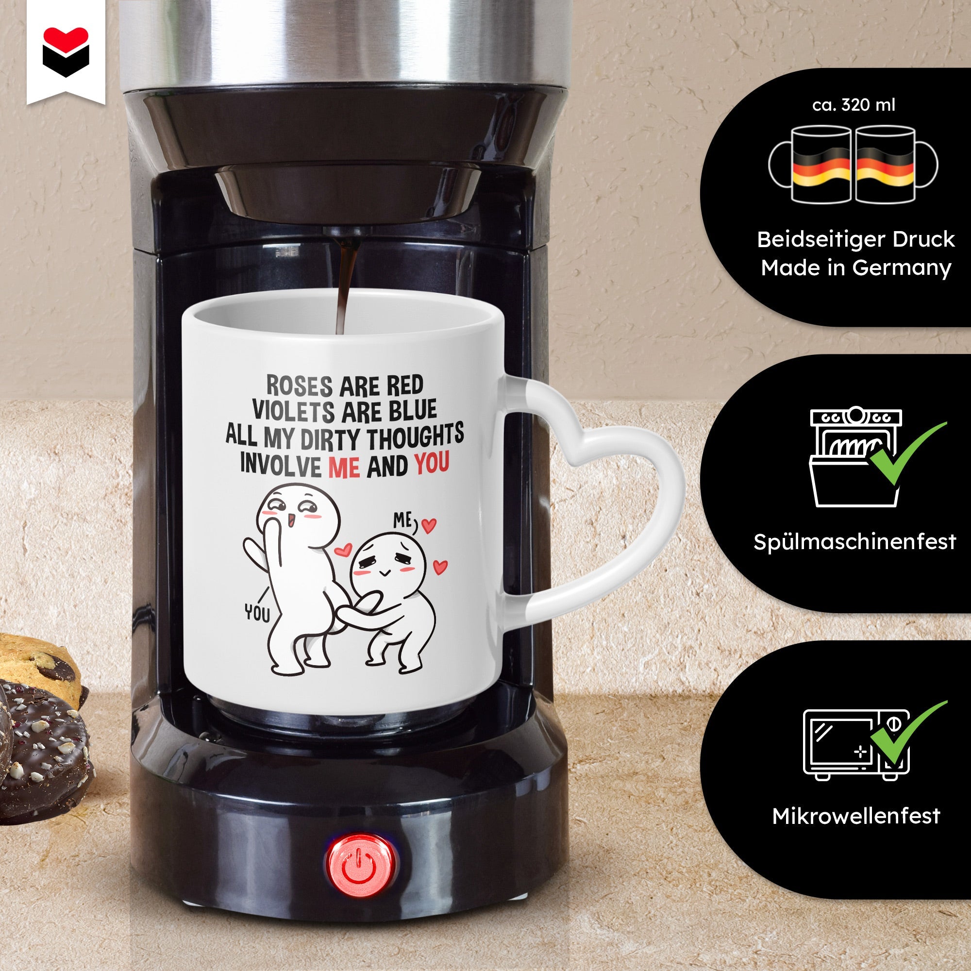 22Feels® Paar Geschenk zum Jahrestag, Hochzeitstag, Valentinstag etc. - Tasse mit Spruch: Roses are red (Herzhenkel, Weiss, 320ml)-Tasse Weiss Herzhenkel 320ml-22Feels