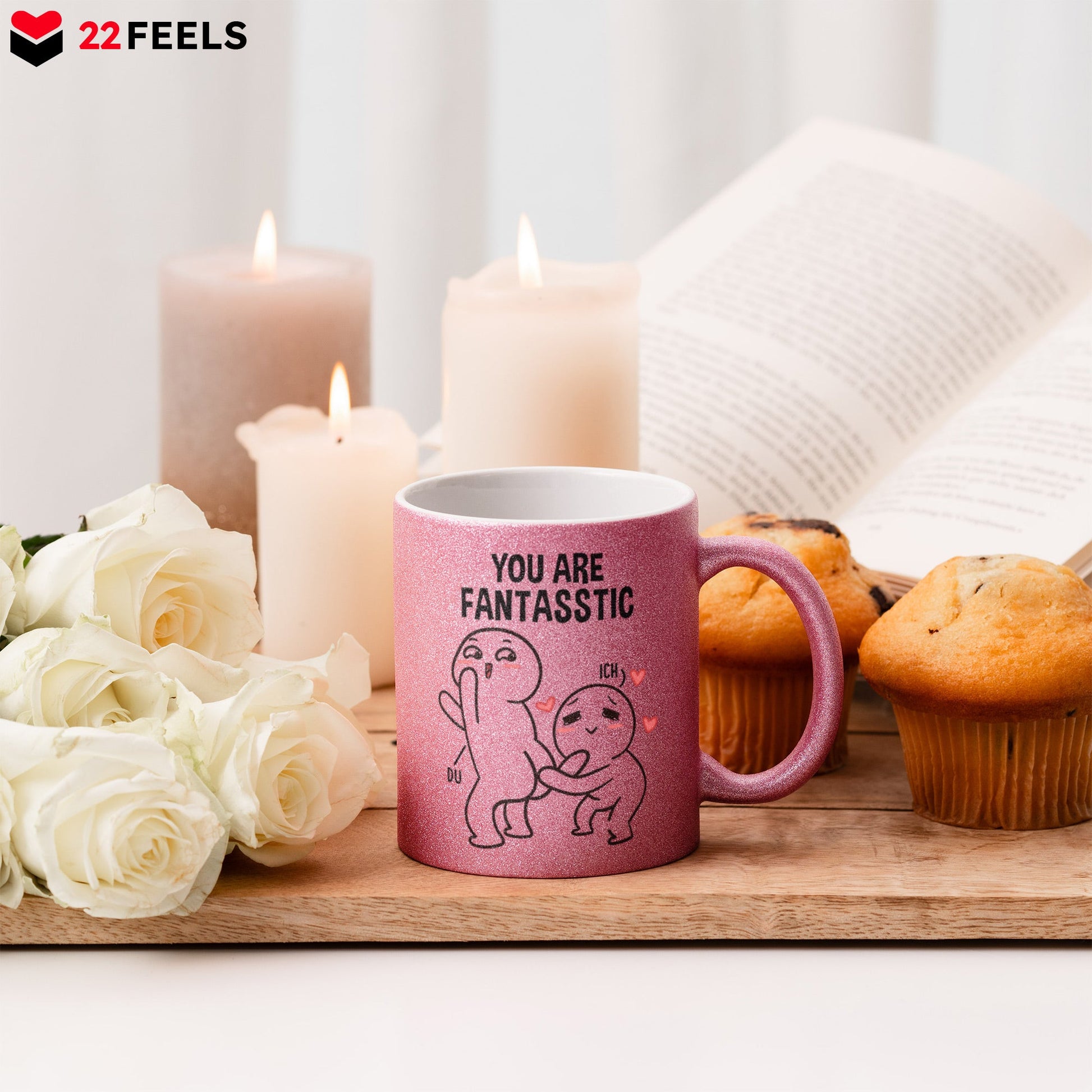 22Feels® Pärchen Geschenk zum Jahrestag, Hochzeitstag, Valentinstag etc. - Glitzertasse mit Spruch (Pink, 320ml)-Glitzertasse Pink 320ml-22Feels