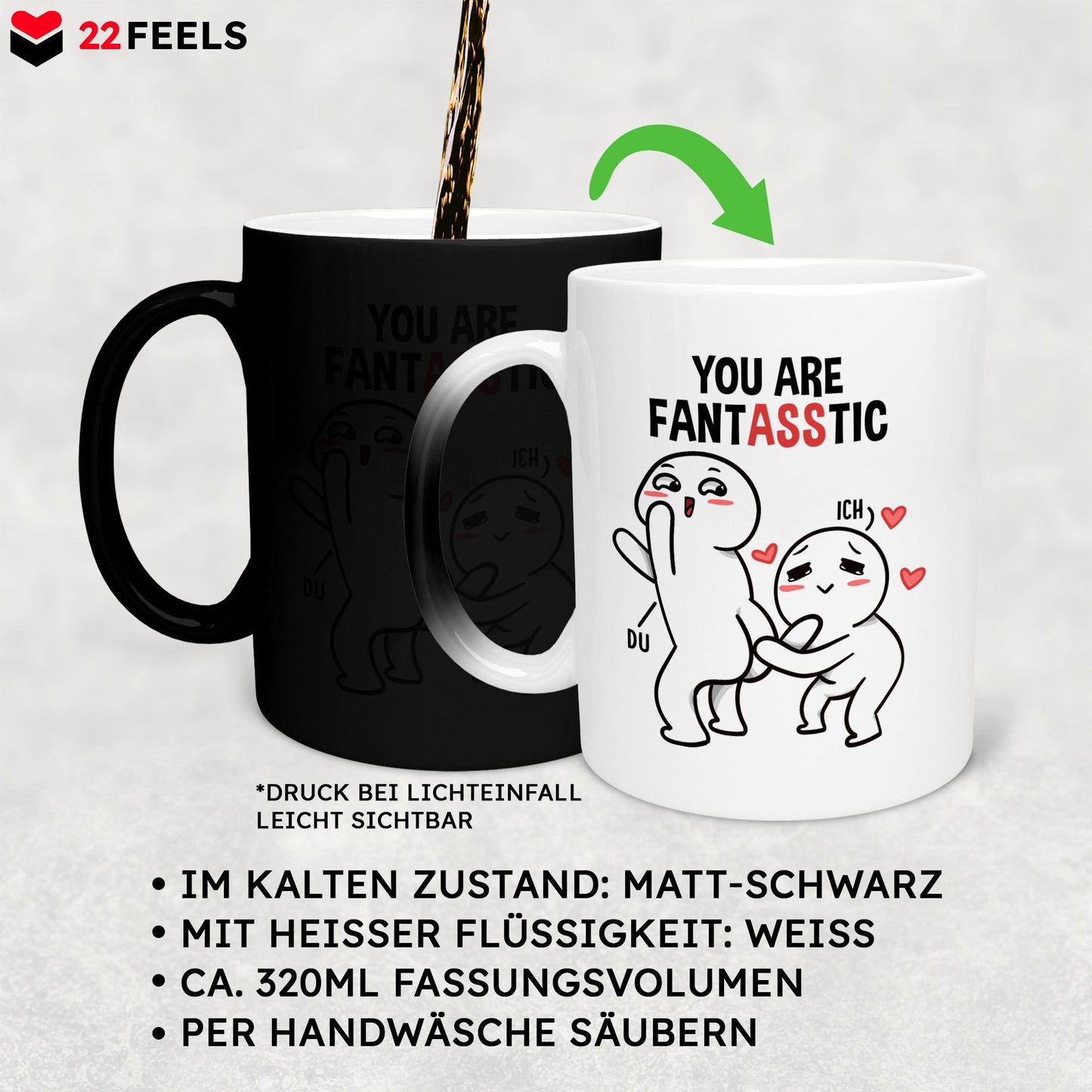 22Feels® Pärchen Geschenk zum Jahrestag, Hochzeitstag, Valentinstag etc. - Zaubertasse mit Spruch (Matt-Schwarz und Weiss, 320ml)-Farbwechsel Tasse Matt 320ml-22Feels