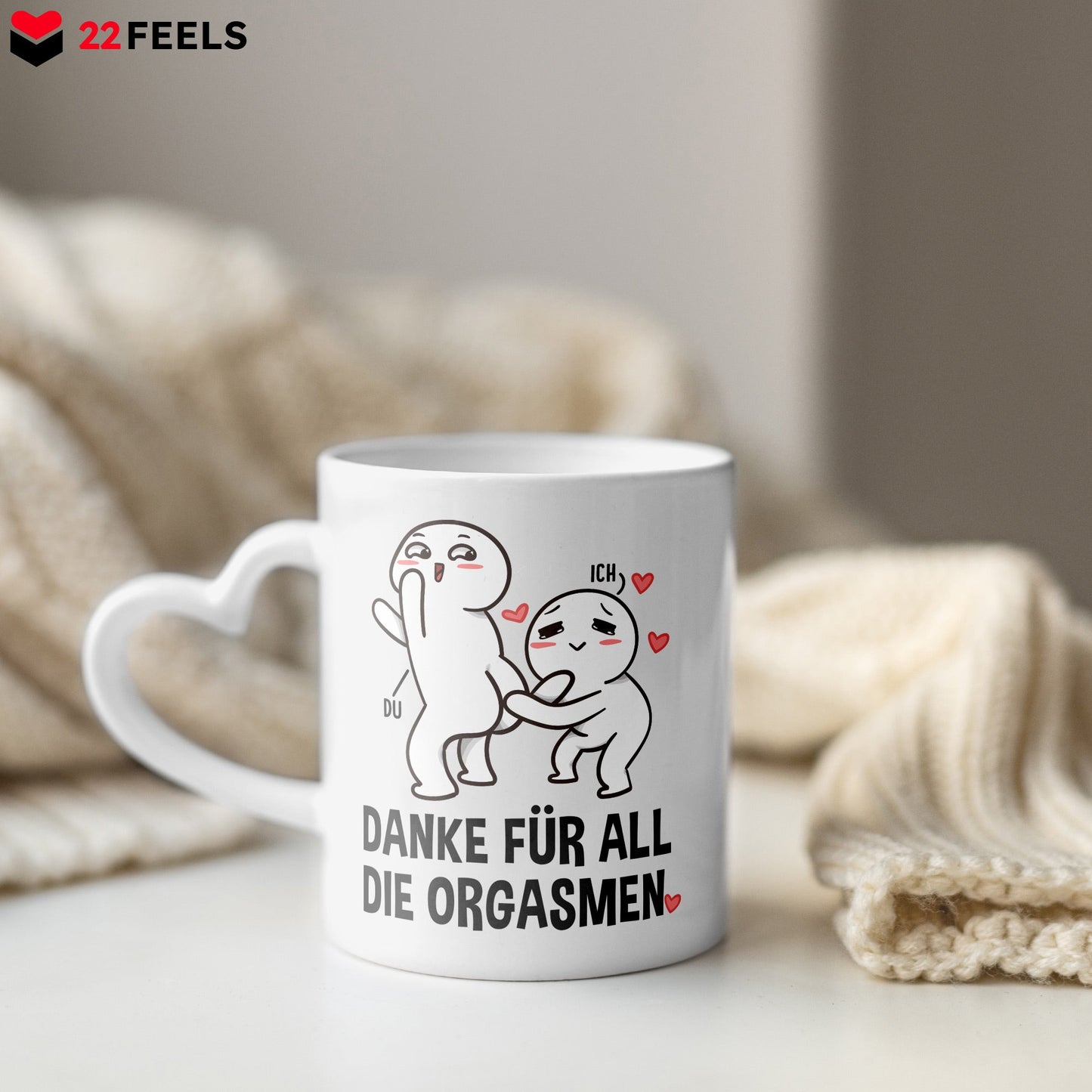 22Feels® Paar Geschenk zum Jahrestag, Hochzeitstag, Valentinstag etc. - Tasse mit Spruch: Danke für all die Orgasmen (Herzhenkel, Weiss, 320ml)-Tasse Weiss Herzhenkel 320ml-22Feels