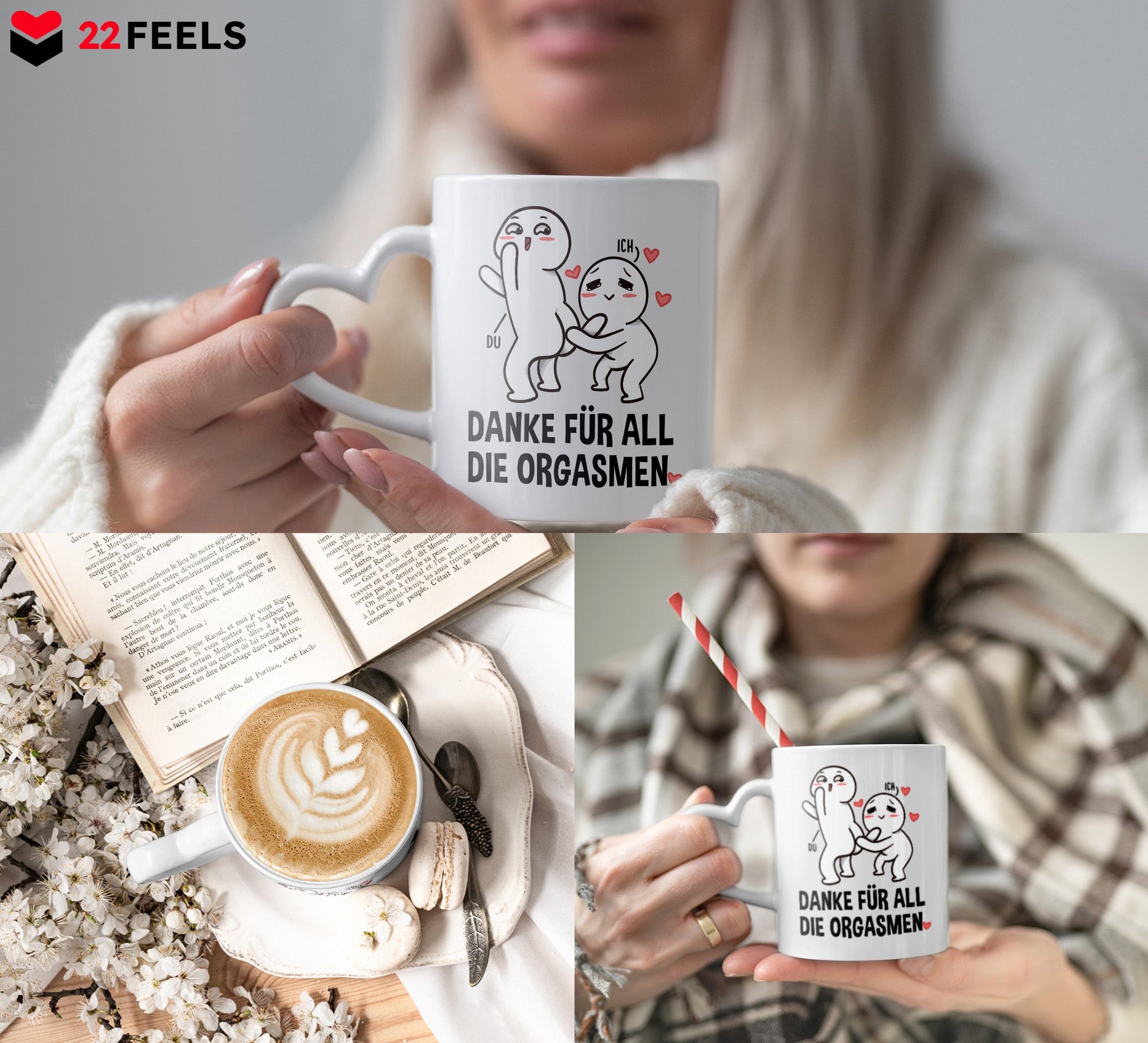 22Feels® Paar Geschenk zum Jahrestag, Hochzeitstag, Valentinstag etc. - Tasse mit Spruch: Danke für all die Orgasmen (Herzhenkel, Weiss, 320ml)-Tasse Weiss Herzhenkel 320ml-22Feels