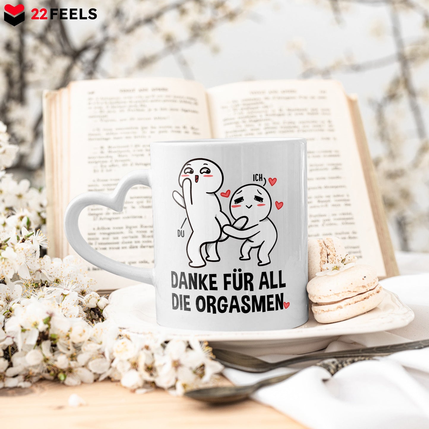 22Feels® Paar Geschenk zum Jahrestag, Hochzeitstag, Valentinstag etc. - Tasse mit Spruch: Danke für all die Orgasmen (Herzhenkel, Weiss, 320ml)-Tasse Weiss Herzhenkel 320ml-22Feels