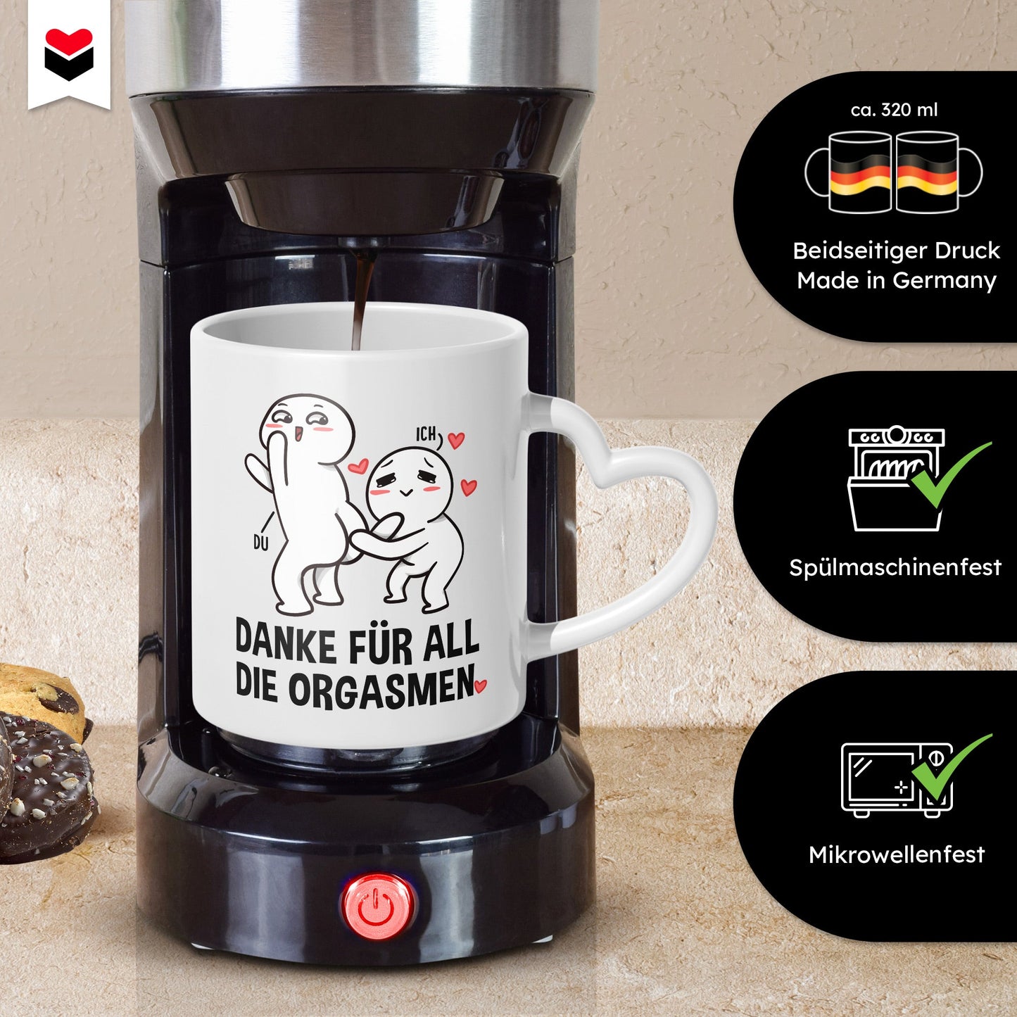 22Feels® Paar Geschenk zum Jahrestag, Hochzeitstag, Valentinstag etc. - Tasse mit Spruch: Danke für all die Orgasmen (Herzhenkel, Weiss, 320ml)-Tasse Weiss Herzhenkel 320ml-22Feels