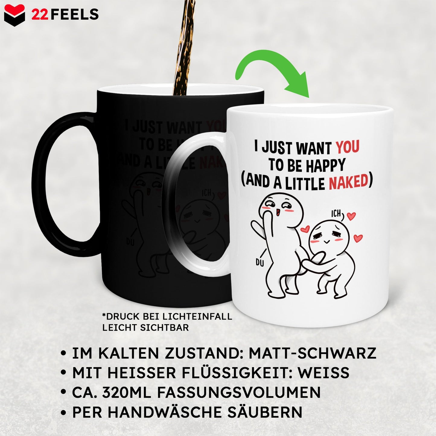 22Feels® Pärchen Geschenk zum Jahrestag, Hochzeitstag, Valentinstag etc. - Zaubertasse mit Spruch (Matt-Schwarz und Weiss, 320ml)-Farbwechsel Tasse Matt 320ml-22Feels