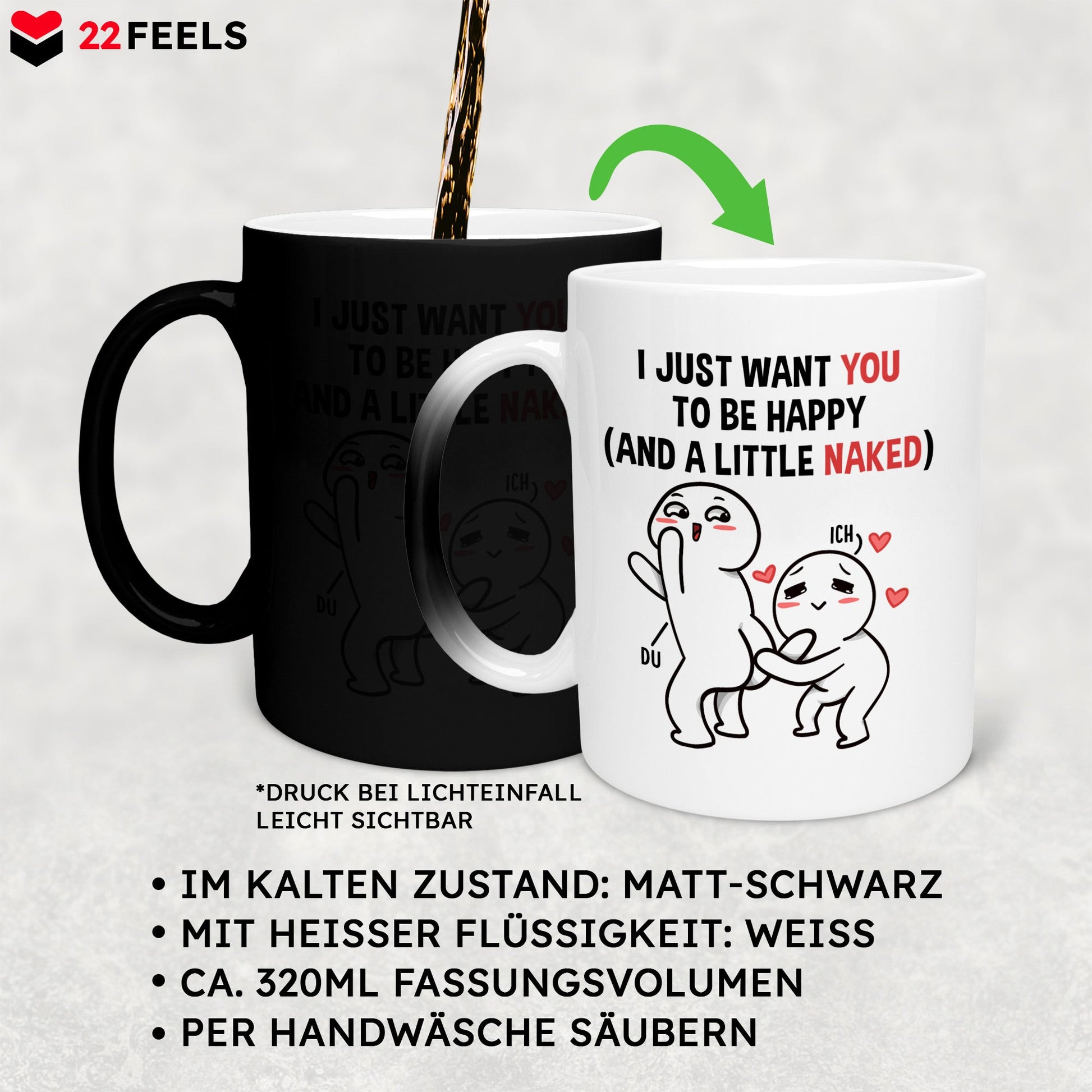 22Feels® Pärchen Geschenk zum Jahrestag, Hochzeitstag, Valentinstag etc. - Zaubertasse mit Spruch (Matt-Schwarz und Weiss, 320ml)-Farbwechsel Tasse Matt 320ml-22Feels