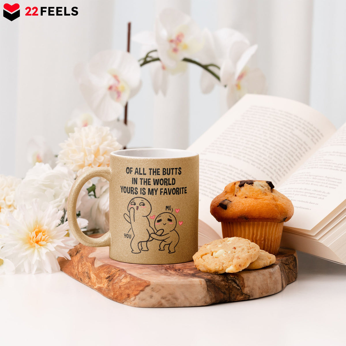22Feels® Pärchen Geschenk zum Jahrestag, Hochzeitstag, Valentinstag etc. - Glitzertasse mit Spruch (Gold, 320ml)-Glitzertasse Gold 325ml-22Feels