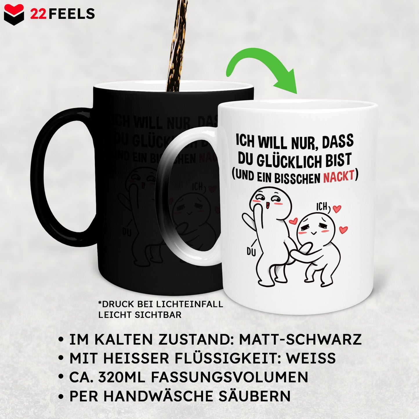 22Feels® Pärchen Geschenk zum Jahrestag, Hochzeitstag, Valentinstag etc. - Zaubertasse mit Spruch (Matt-Schwarz und Weiss, 320ml)-Farbwechsel Tasse Matt 320ml-22Feels