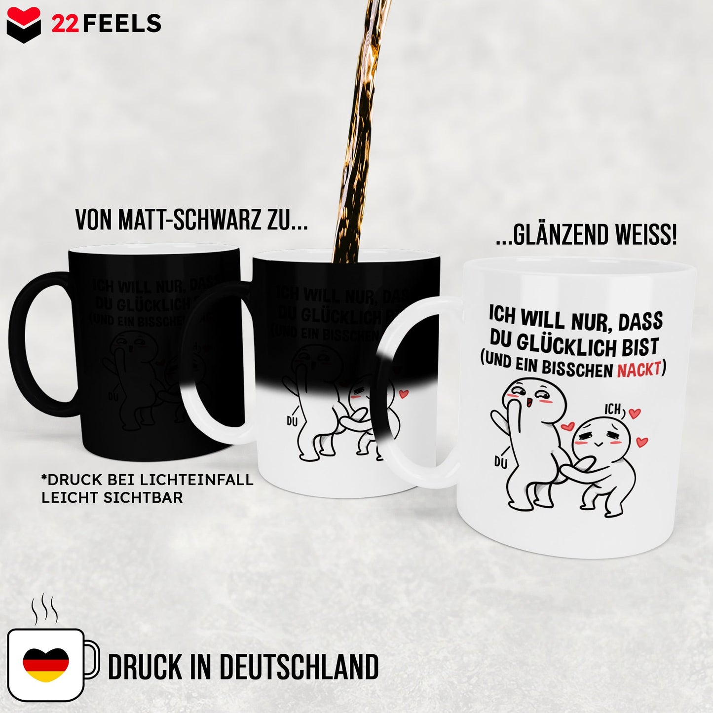 22Feels® Pärchen Geschenk zum Jahrestag, Hochzeitstag, Valentinstag etc. - Zaubertasse mit Spruch (Matt-Schwarz und Weiss, 320ml)-Farbwechsel Tasse Matt 320ml-22Feels