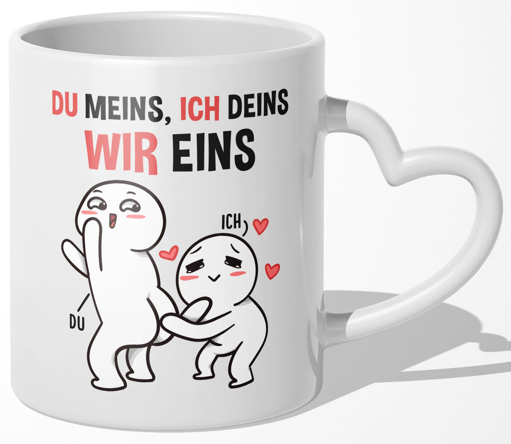 22Feels® Paar Geschenk zum Jahrestag, Hochzeitstag, Valentinstag etc. - Tasse mit Spruch: Du Meins, ich Deins, Wir Eins (Herzhenkel, Weiss, 320ml)-Tasse Weiss Herzhenkel 320ml-22Feels