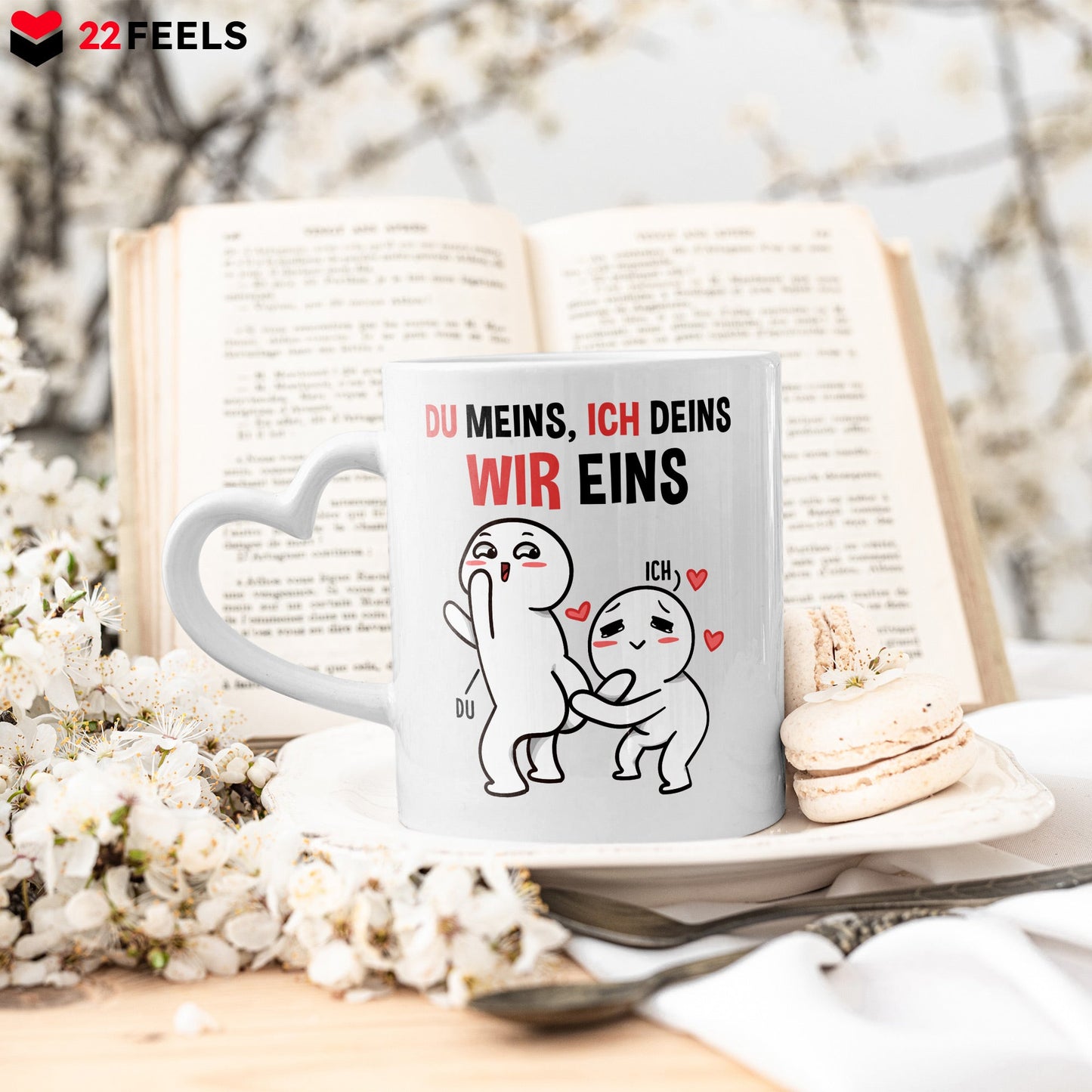 22Feels® Paar Geschenk zum Jahrestag, Hochzeitstag, Valentinstag etc. - Tasse mit Spruch: Du Meins, ich Deins, Wir Eins (Herzhenkel, Weiss, 320ml)-Tasse Weiss Herzhenkel 320ml-22Feels