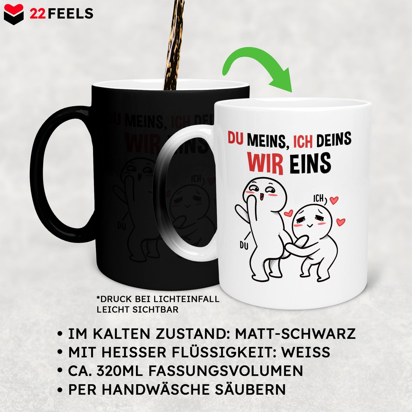 22Feels® Pärchen Geschenk zum Jahrestag, Hochzeitstag, Valentinstag etc. - Zaubertasse mit Spruch (Matt-Schwarz und Weiss, 320ml)-Farbwechsel Tasse Matt 320ml-22Feels