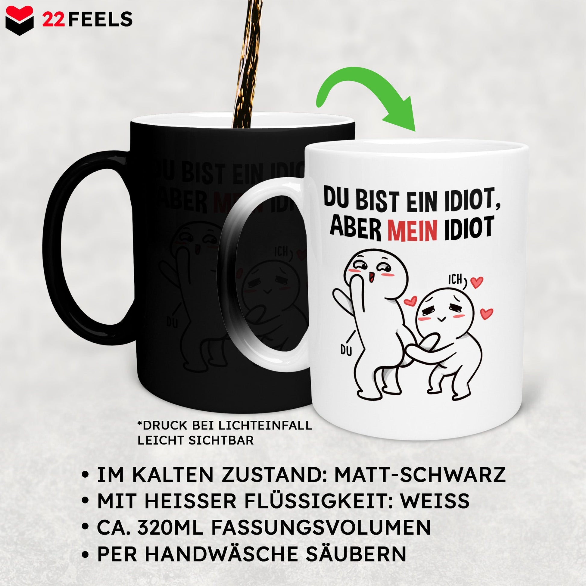 22Feels® Pärchen Geschenk zum Jahrestag, Hochzeitstag, Valentinstag etc. - Zaubertasse mit Spruch (Matt-Schwarz und Weiss, 320ml)-Farbwechsel Tasse Matt 320ml-22Feels
