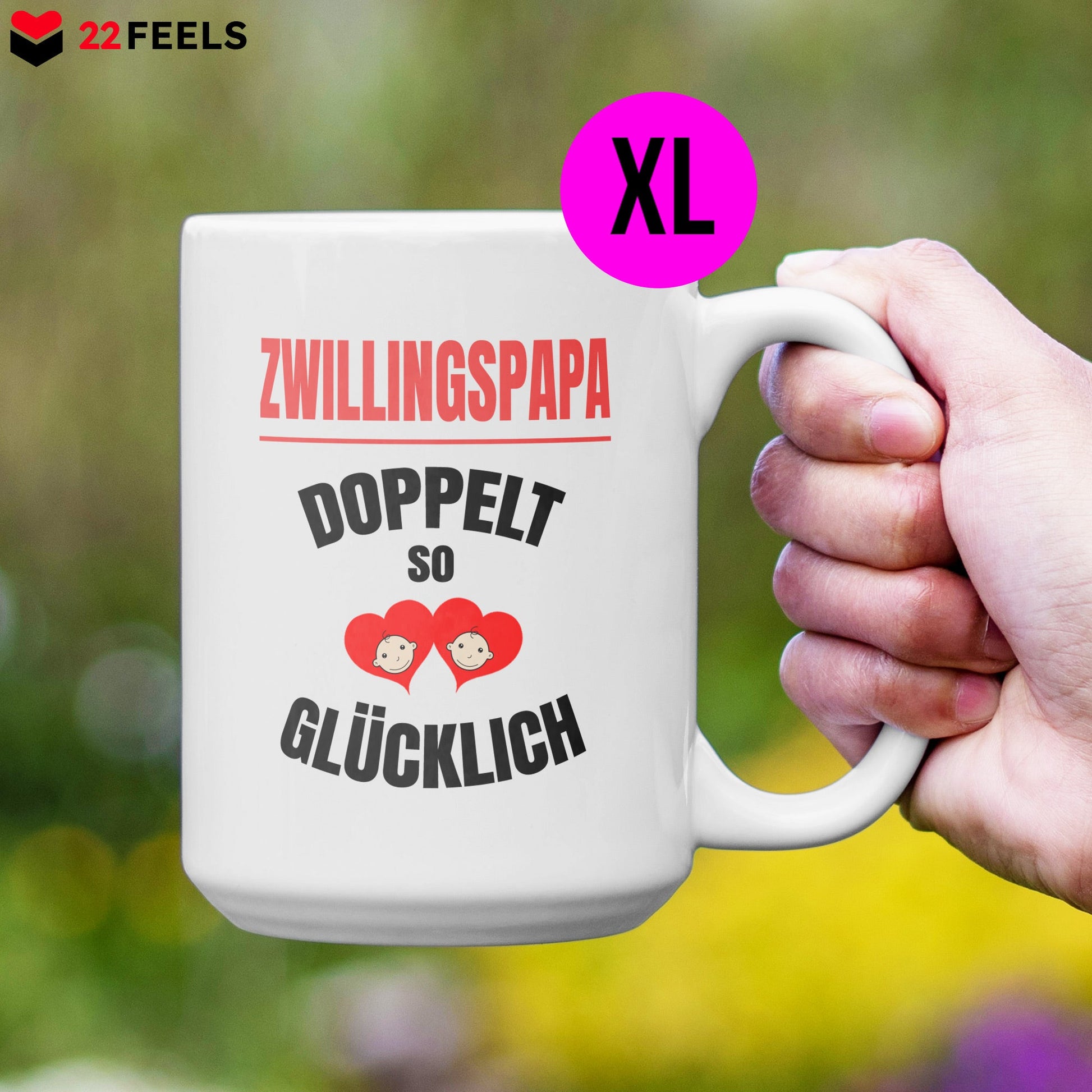 22Feels® Geschenk für Zwillingsväter - XL Tasse mit Spruch: Doppelt So Glücklich (Weiss, 440ml)-Weisse XL Tasse 440ml-22Feels