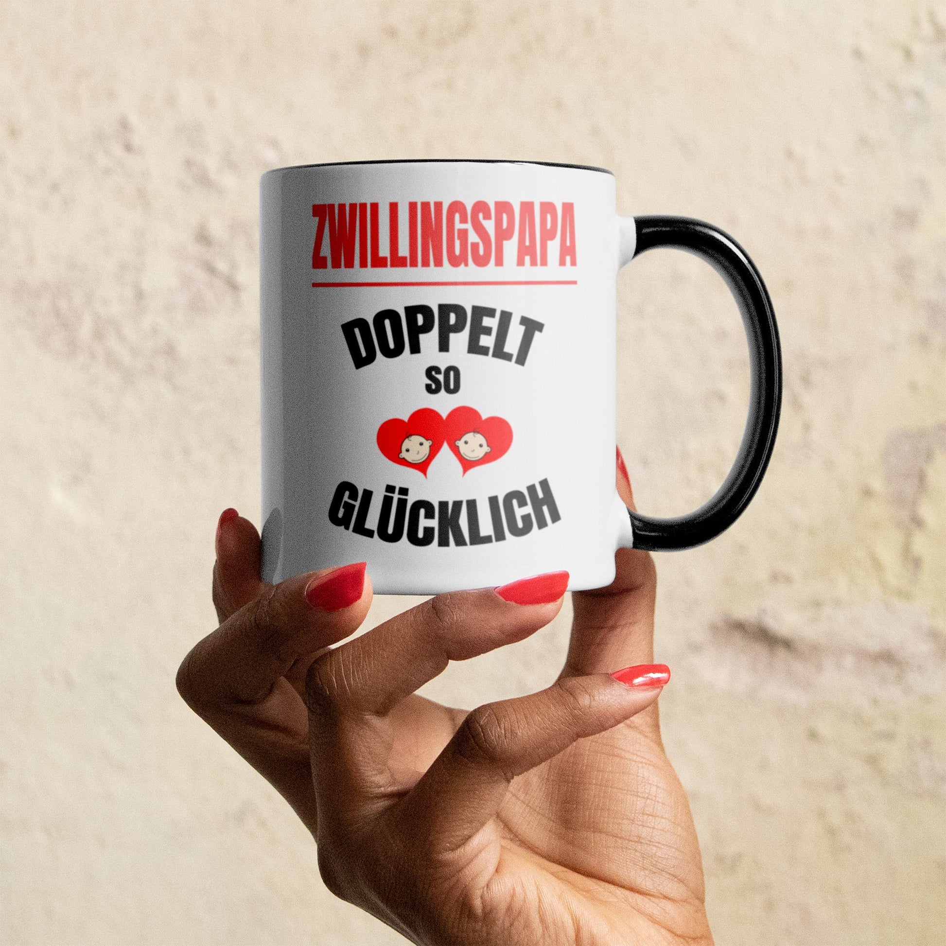 22Feels® Geschenk für Zwillingsväter - Tasse mit Spruch: Doppelt So Glücklich (Weiss-Schwarz, 320ml)-TwoTone Tasse Weiss-Schwarz 320ml-22Feels