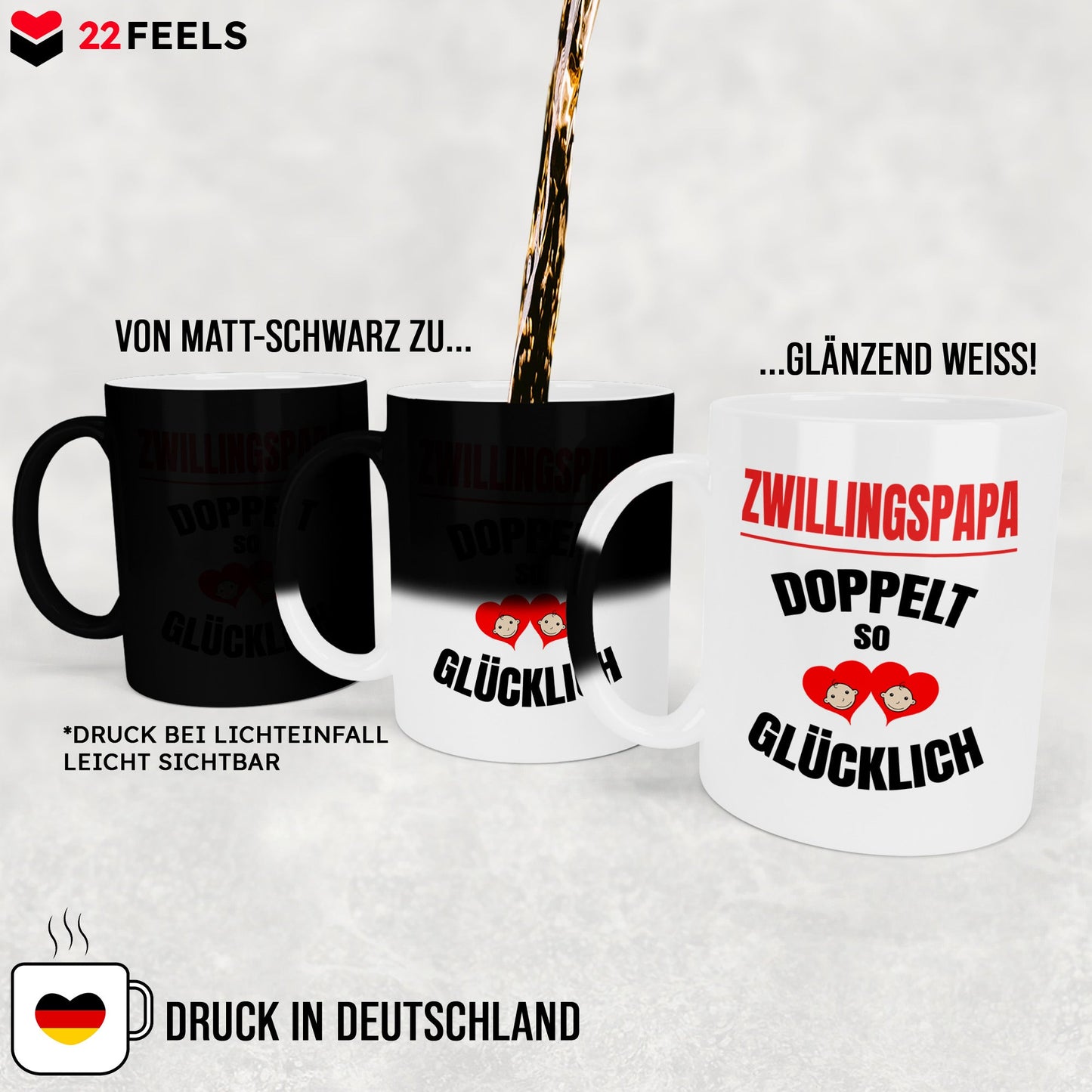 22Feels® Geschenk für Zwillingsväter - Zaubertasse mit Spruch: Doppelt So Glücklich (Matt-Schwarz und Weiss, 320ml)-Farbwechsel Tasse Matt 320ml-22Feels