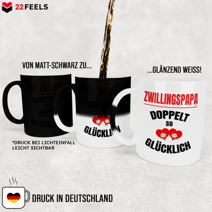 22Feels® Geschenk für Zwillingsväter - Zaubertasse mit Spruch: Doppelt So Glücklich (Matt-Schwarz und Weiss, 320ml)-Farbwechsel Tasse Matt 320ml-22Feels
