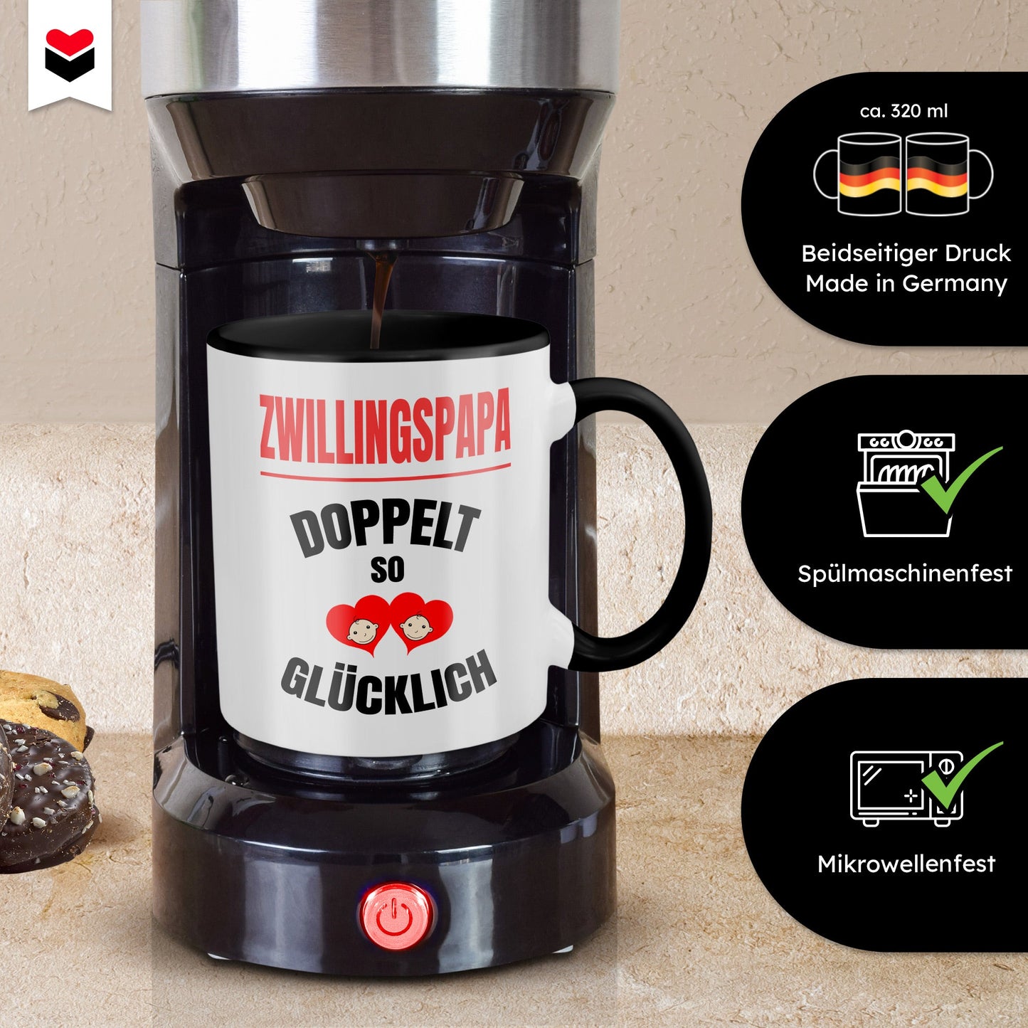 22Feels® Geschenk für Zwillingsväter - Tasse mit Spruch: Doppelt So Glücklich (Weiss-Schwarz, 320ml)-TwoTone Tasse Weiss-Schwarz 320ml-22Feels