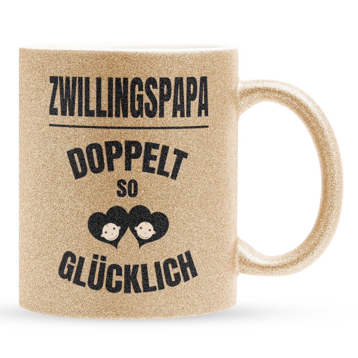 22Feels® Geschenk für Zwillingsväter - Glitzertasse mit Spruch: Doppelt So Glücklich (Gold, 320ml)-Glitzertasse Gold 320ml-22Feels