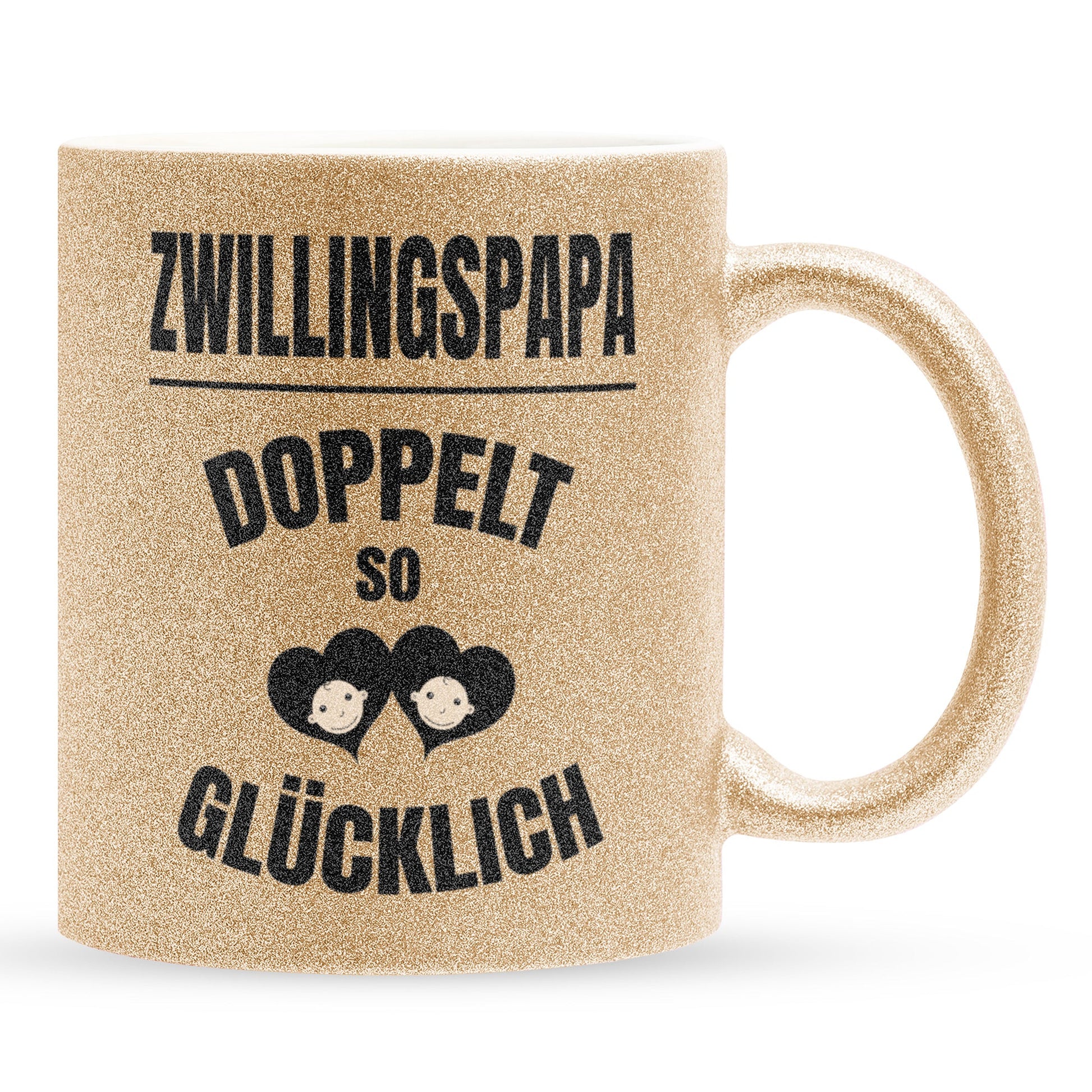 22Feels® Geschenk für Zwillingsväter - Glitzertasse mit Spruch: Doppelt So Glücklich (Gold, 320ml)-Glitzertasse Gold 320ml-22Feels