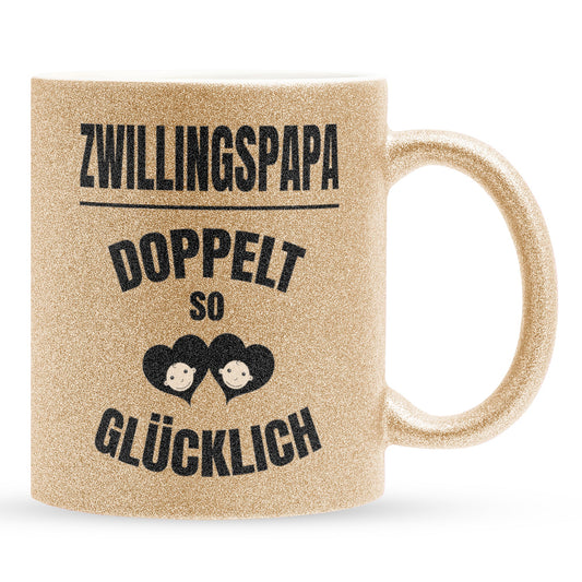 22Feels® Geschenk für Zwillingsväter - Glitzertasse mit Spruch: Doppelt So Glücklich (Gold, 320ml)-Glitzertasse Gold 320ml-22Feels