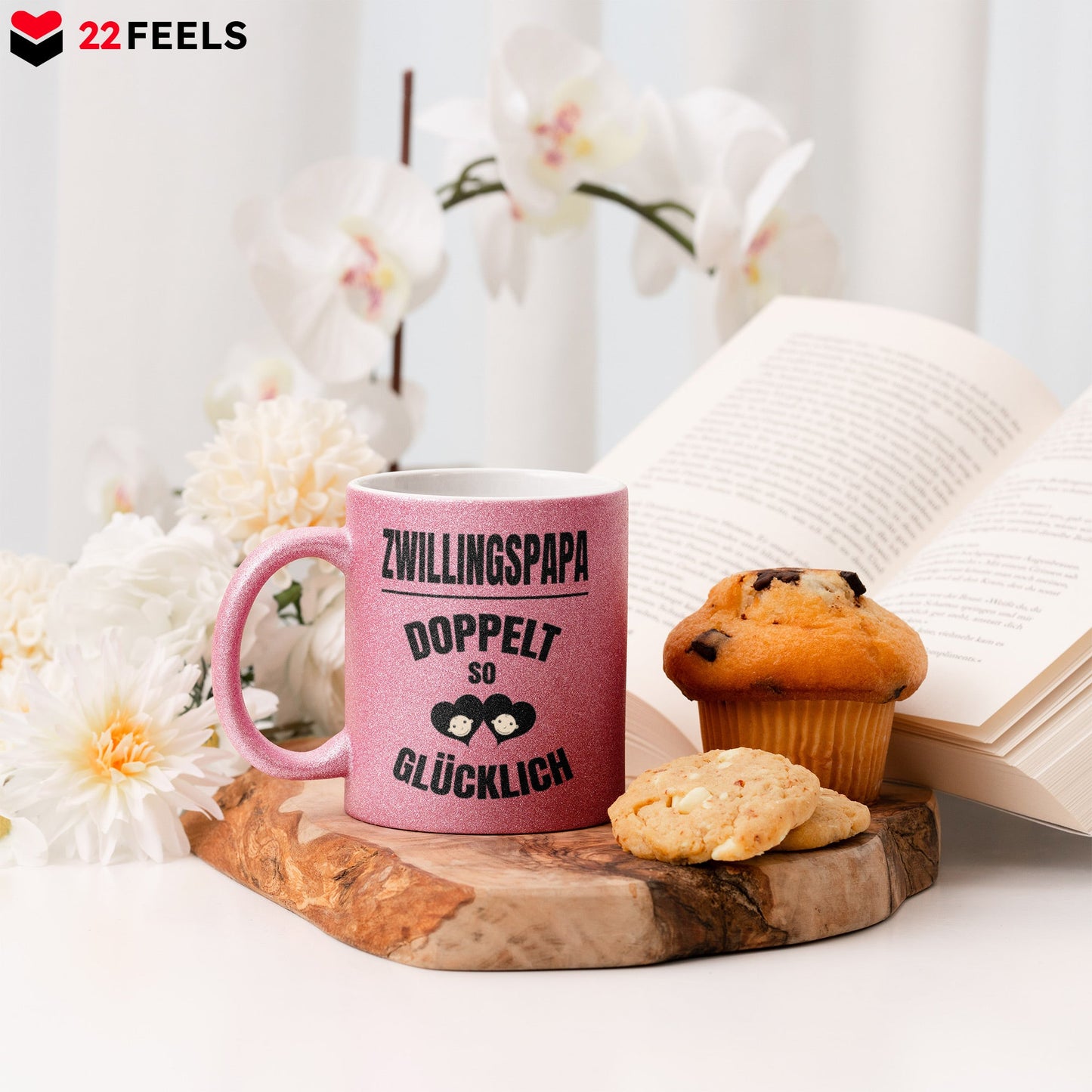 22Feels® Geschenk für Zwillingsväter - Glitzertasse mit Spruch: Doppelt So Glücklich (Pink, 320ml)-Glitzertasse Pink 320ml-22Feels