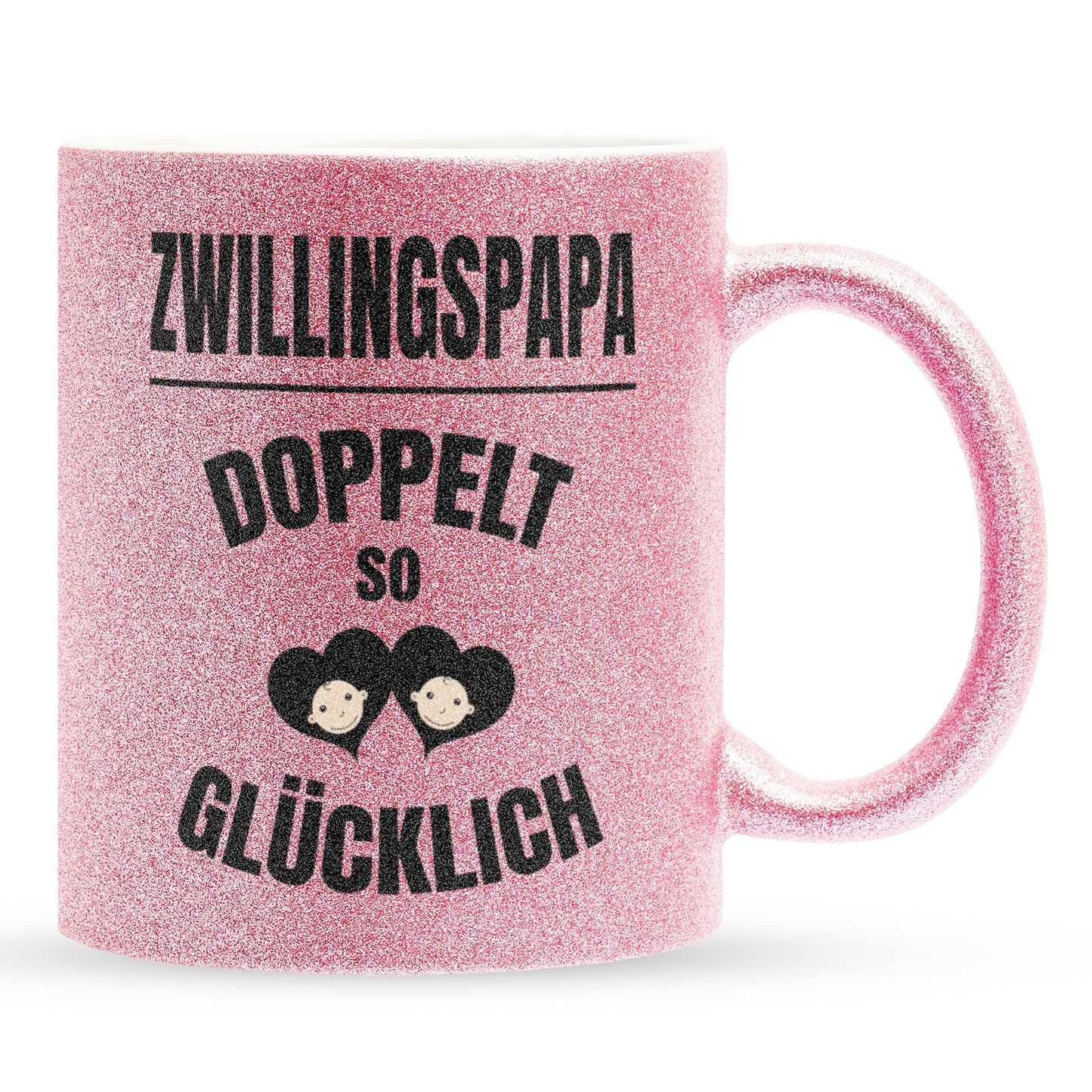 22Feels® Geschenk für Zwillingsväter - Glitzertasse mit Spruch: Doppelt So Glücklich (Pink, 320ml)-Glitzertasse Pink 320ml-22Feels