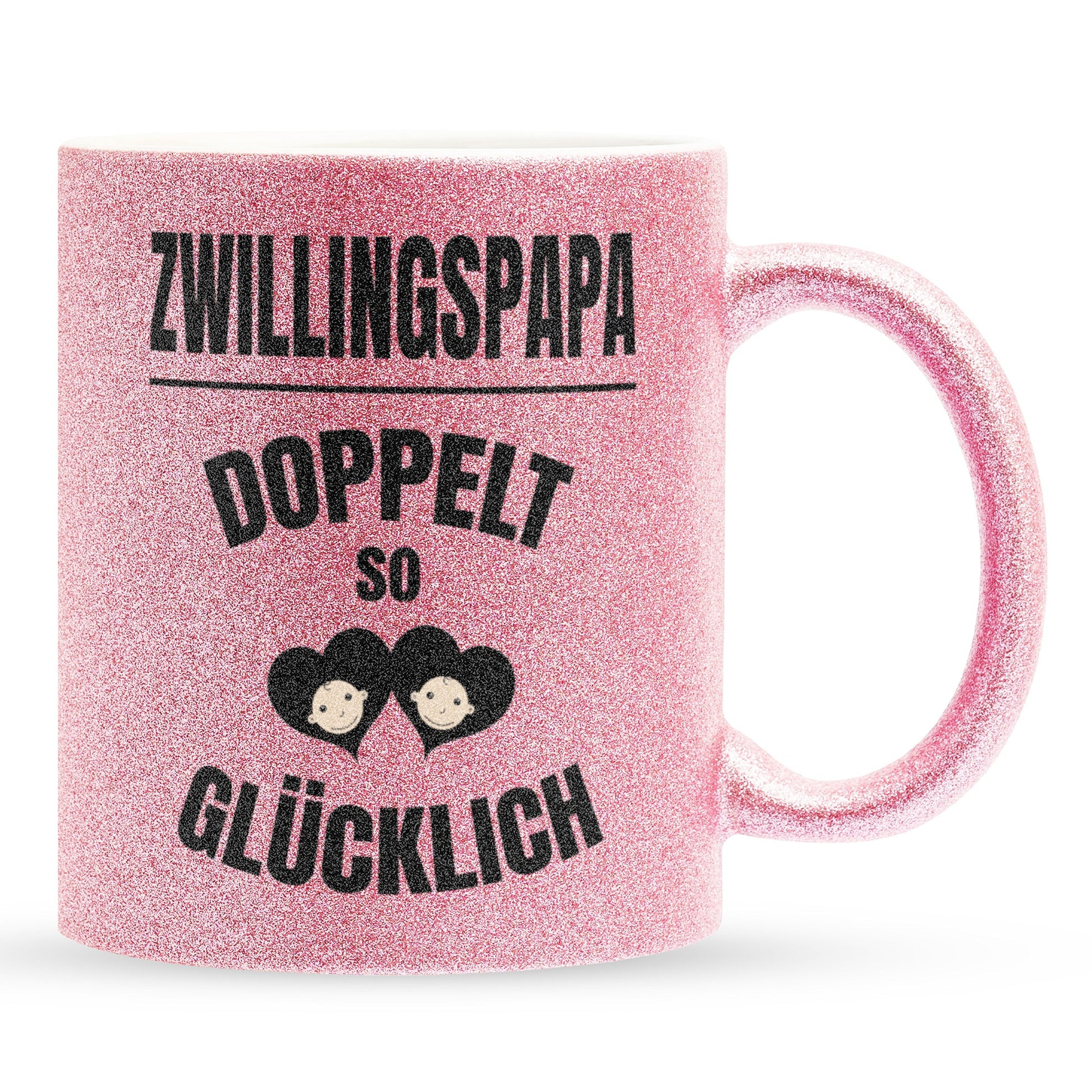 22Feels® Geschenk für Zwillingsväter - Glitzertasse mit Spruch: Doppelt So Glücklich (Pink, 320ml)-Glitzertasse Pink 320ml-22Feels