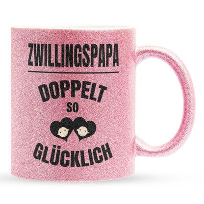 22Feels® Geschenk für Zwillingsväter - Glitzertasse mit Spruch: Doppelt So Glücklich (Pink, 320ml)-Glitzertasse Pink 320ml-22Feels