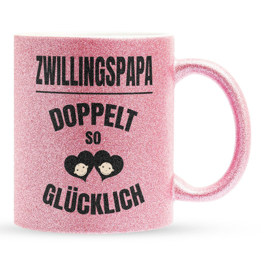 22Feels® Geschenk für Zwillingsväter - Glitzertasse mit Spruch: Doppelt So Glücklich (Pink, 320ml)-Glitzertasse Pink 320ml-22Feels