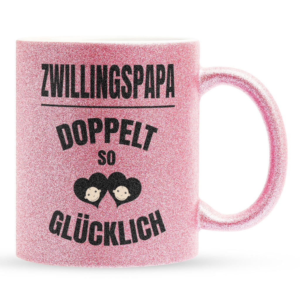 22Feels® Geschenk für Zwillingsväter - Glitzertasse mit Spruch: Doppelt So Glücklich (Pink, 320ml)-Glitzertasse Pink 320ml-22Feels