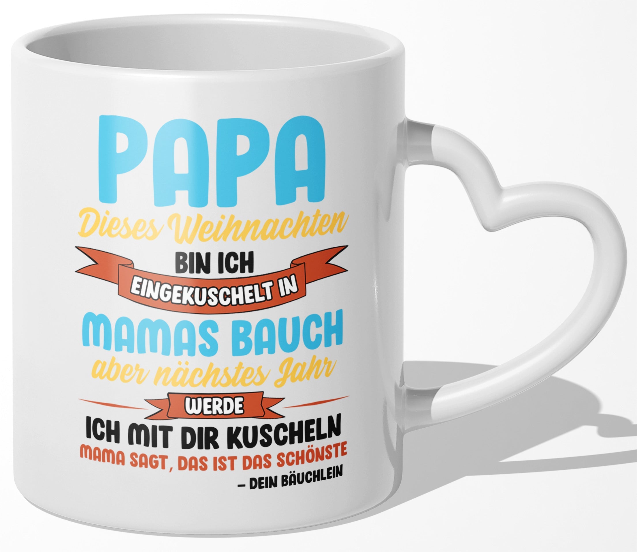 22Feels® Weihnachtsgeschenk für Werdende Väter - Du Wirst Papa Tasse mit Spruch: Dieses Weihnachten bin ich eingekuschelt (Herzhenkel, Weiss, 320ml)-Tasse Weiss Herzhenkel 320ml-22Feels