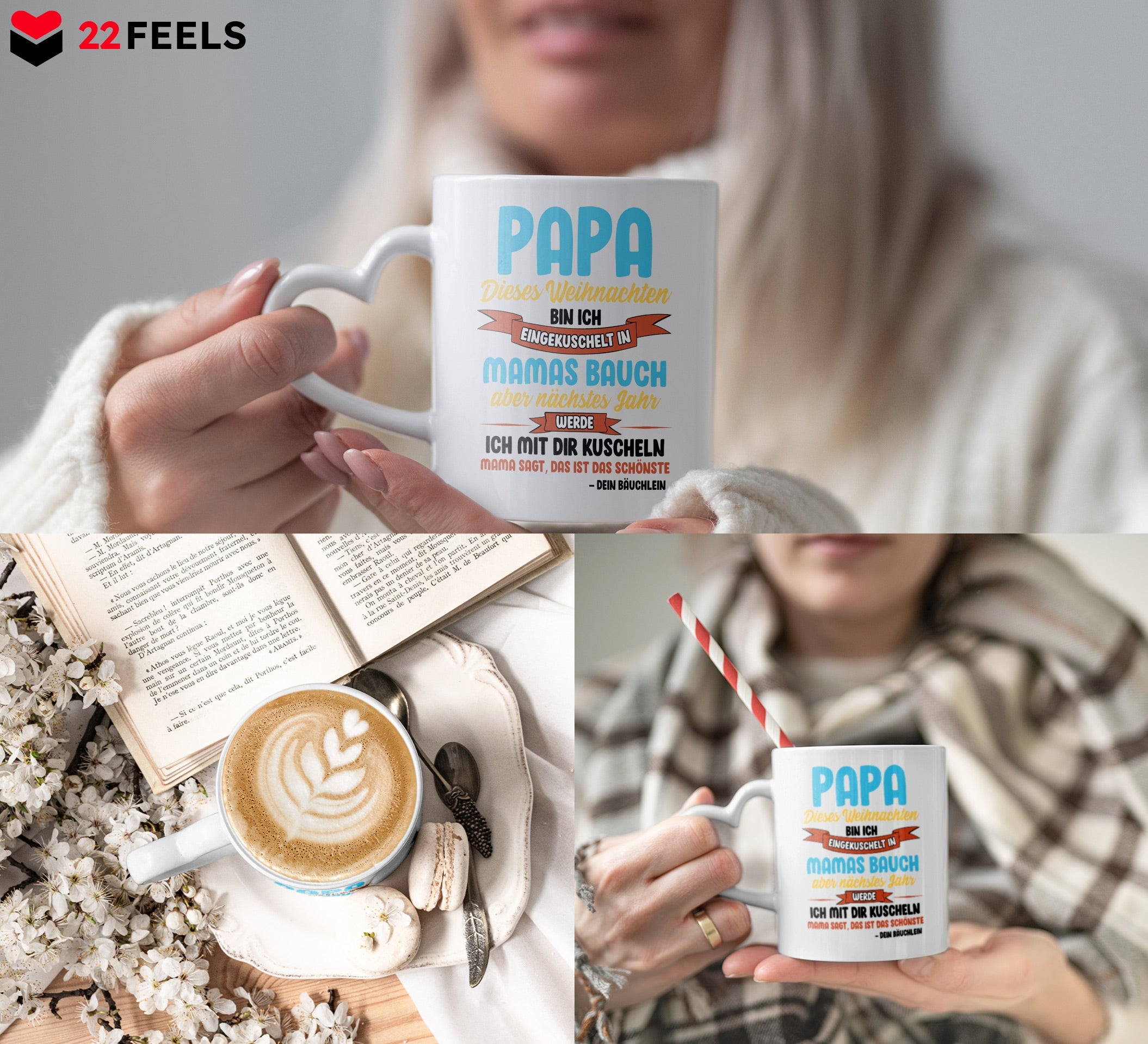 22Feels® Weihnachtsgeschenk für Werdende Väter - Du Wirst Papa Tasse mit Spruch: Dieses Weihnachten bin ich eingekuschelt (Herzhenkel, Weiss, 320ml)-Tasse Weiss Herzhenkel 320ml-22Feels