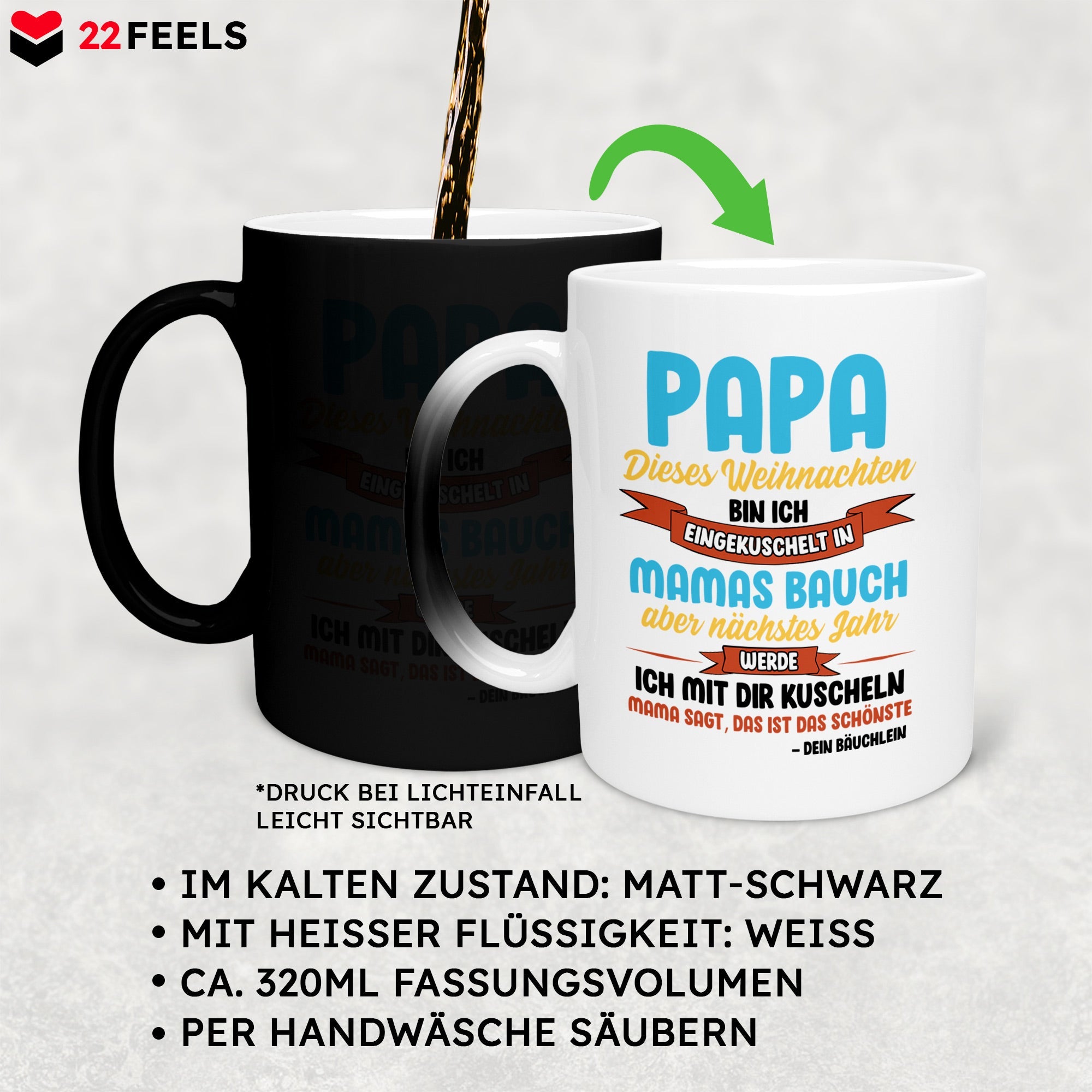 22Feels® Weihnachtsgeschenk für Werdende Väter - Du Wirst Papa Zaubertasse mit Spruch (Matt-Schwarz und Weiss, 320ml)-Farbwechsel Tasse Matt 320ml-22Feels