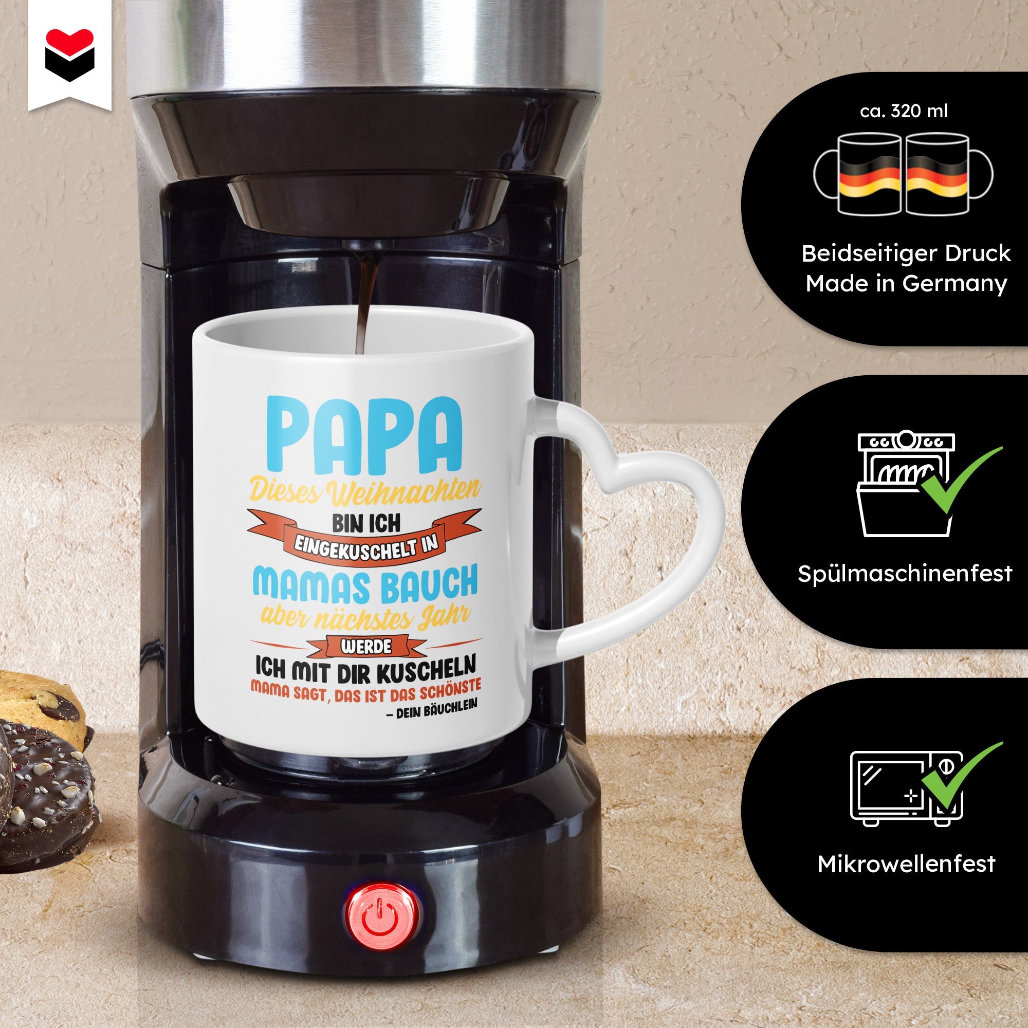 22Feels® Weihnachtsgeschenk für Werdende Väter - Du Wirst Papa Tasse mit Spruch: Dieses Weihnachten bin ich eingekuschelt (Herzhenkel, Weiss, 320ml)-Tasse Weiss Herzhenkel 320ml-22Feels