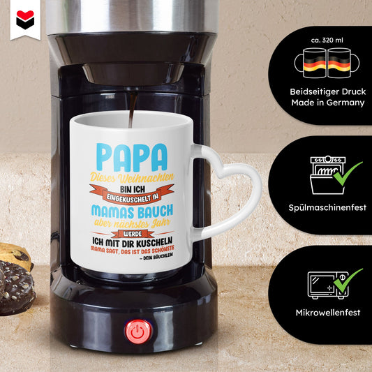 22Feels® Weihnachtsgeschenk für Werdende Väter - Du Wirst Papa Tasse mit Spruch: Dieses Weihnachten bin ich eingekuschelt (Herzhenkel, Weiss, 320ml)-Tasse Weiss Herzhenkel 320ml-22Feels