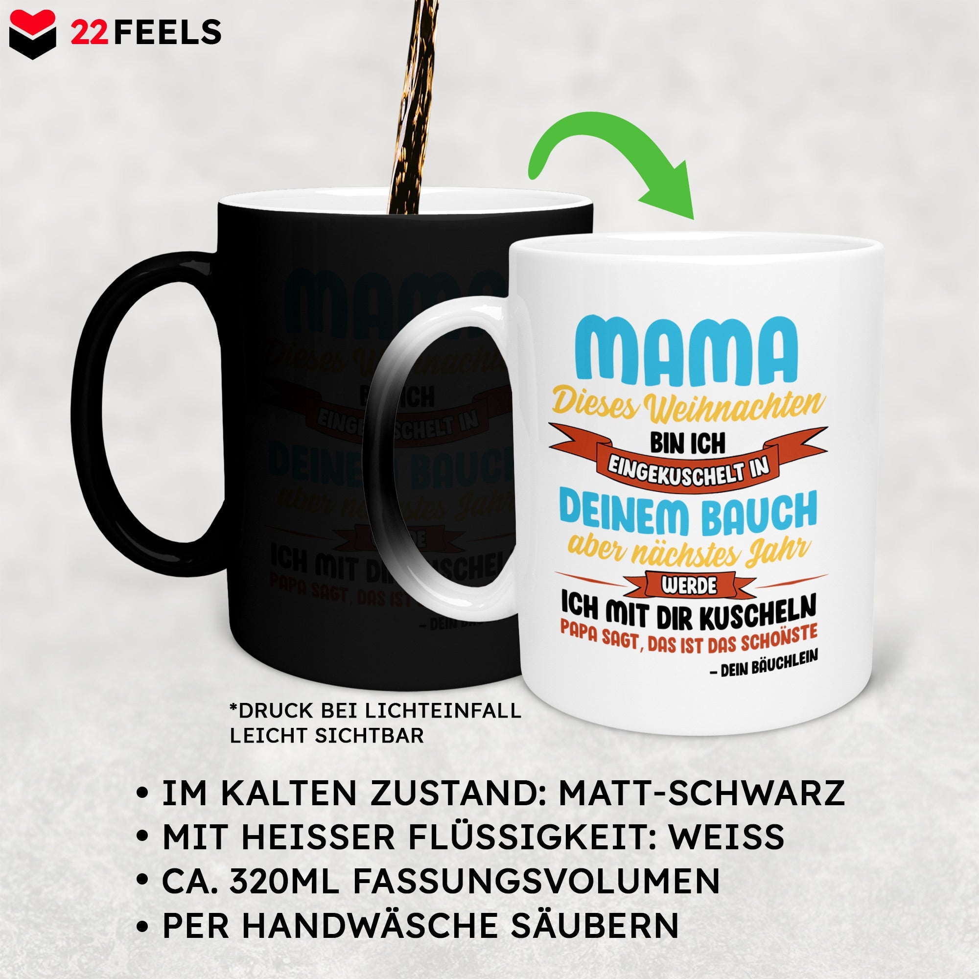 22Feels® Weihnachtsgeschenk für Werdende Mamas - Zaubertasse mit Spruch (Matt-Schwarz und Weiss, 320ml)-Farbwechsel Tasse Matt 320ml-22Feels