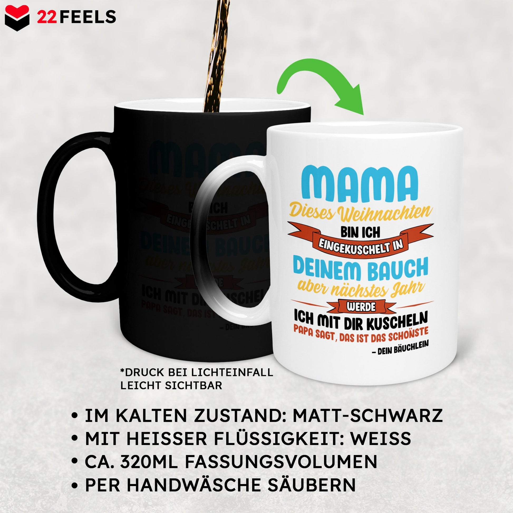22Feels® Weihnachtsgeschenk für Werdende Mamas - Zaubertasse mit Spruch (Matt-Schwarz und Weiss, 320ml)-Farbwechsel Tasse Matt 320ml-22Feels