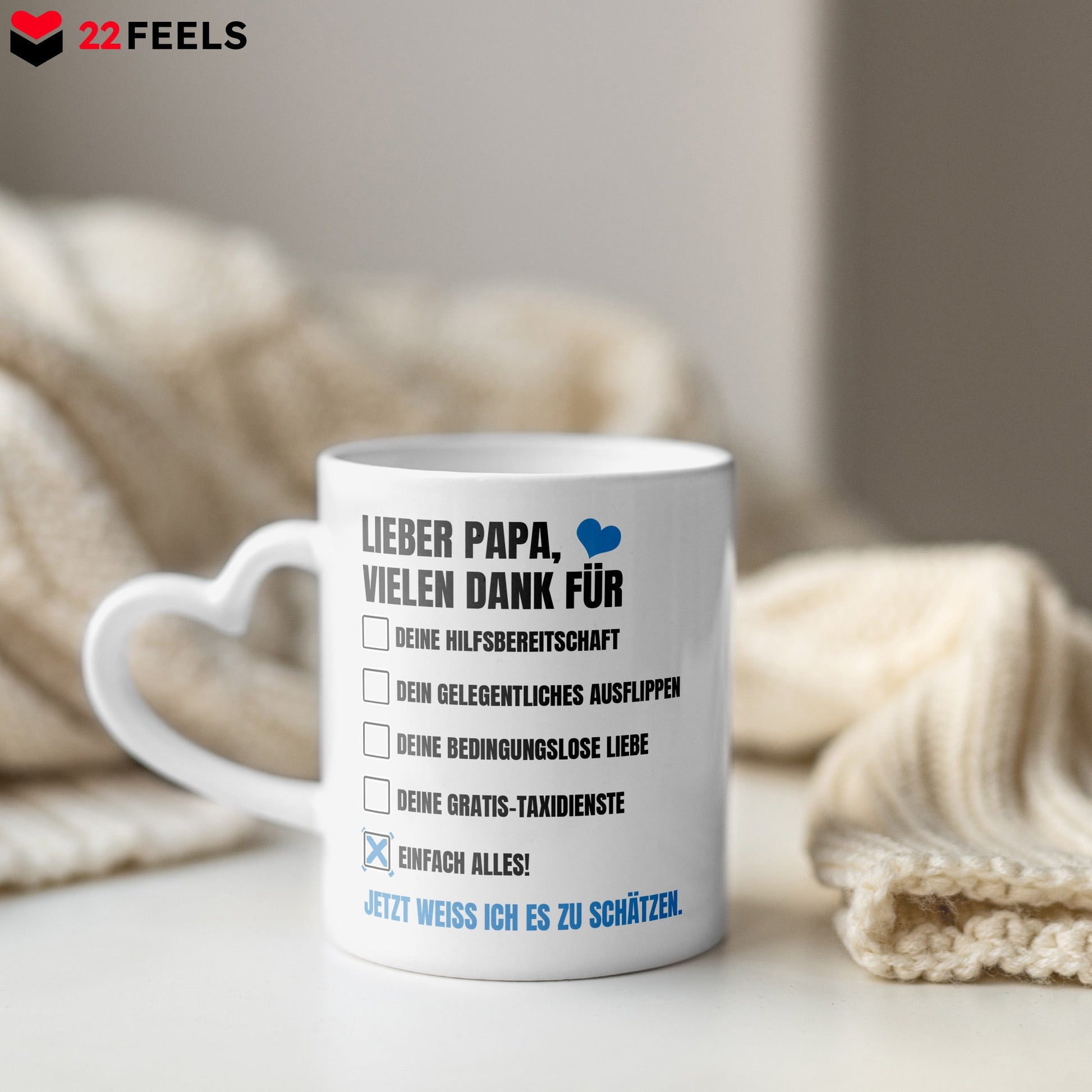 22Feels® Geschenk für Papas - Tasse mit Spruch: Vielen Dank (Herzhenkel, Weiss, 320ml)-Tasse Weiss Herzhenkel 320ml-22Feels