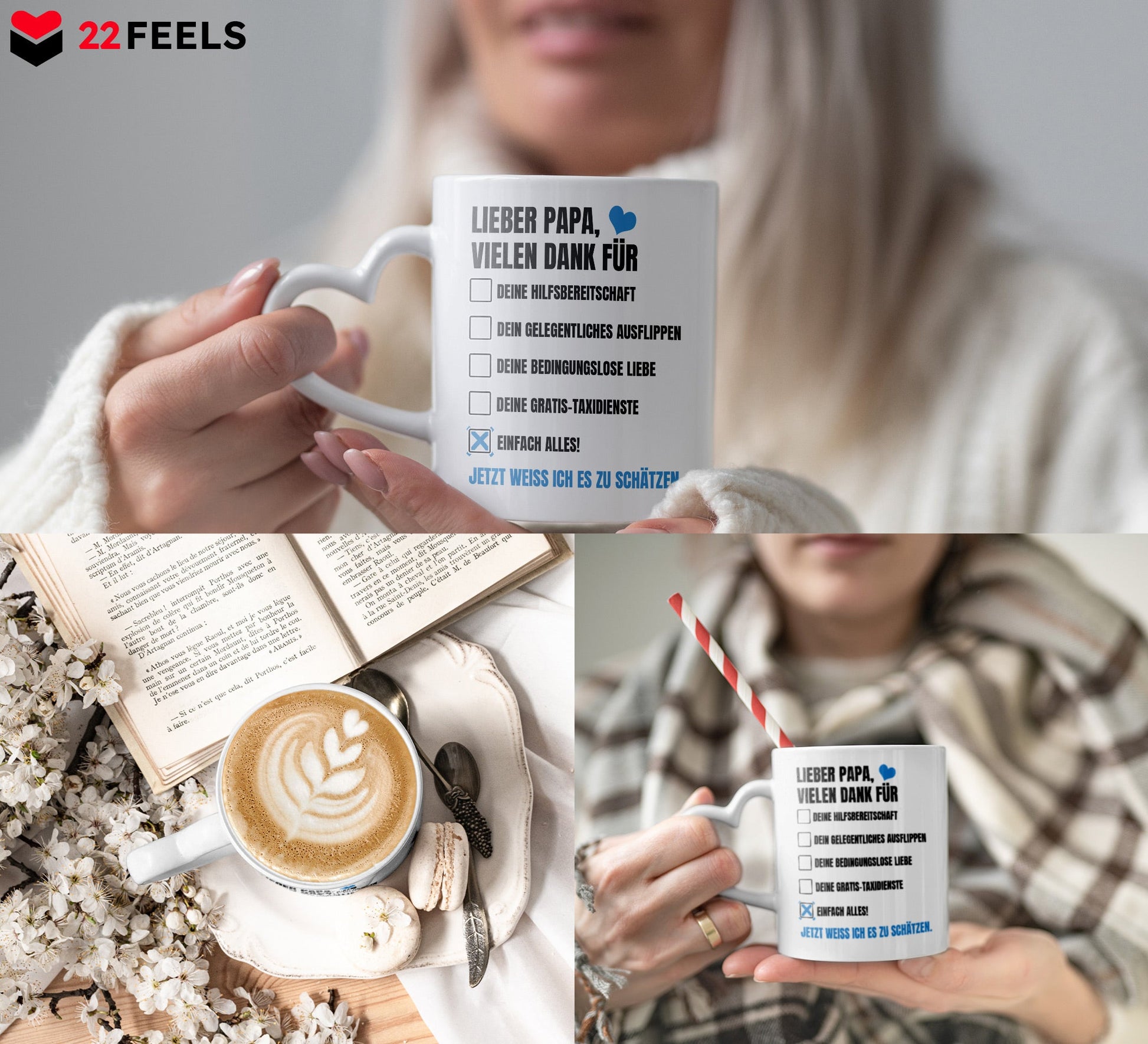 22Feels® Geschenk für Papas - Tasse mit Spruch: Vielen Dank (Herzhenkel, Weiss, 320ml)-Tasse Weiss Herzhenkel 320ml-22Feels