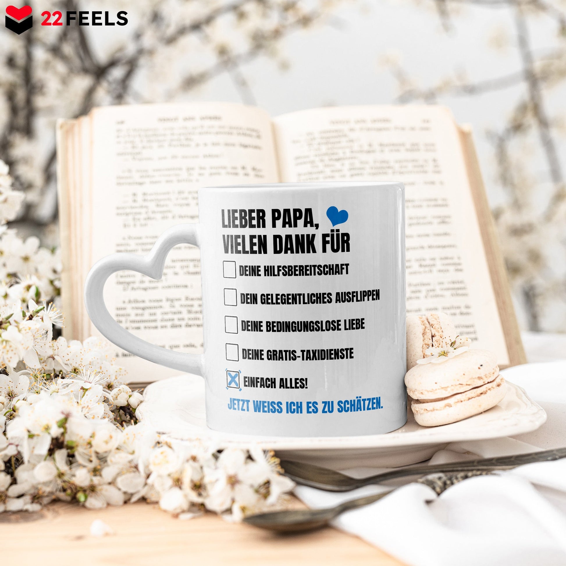 22Feels® Geschenk für Papas - Tasse mit Spruch: Vielen Dank (Herzhenkel, Weiss, 320ml)-Tasse Weiss Herzhenkel 320ml-22Feels