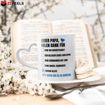 22Feels® Geschenk für Papas - Tasse mit Spruch: Vielen Dank (Herzhenkel, Weiss, 320ml)-Tasse Weiss Herzhenkel 320ml-22Feels
