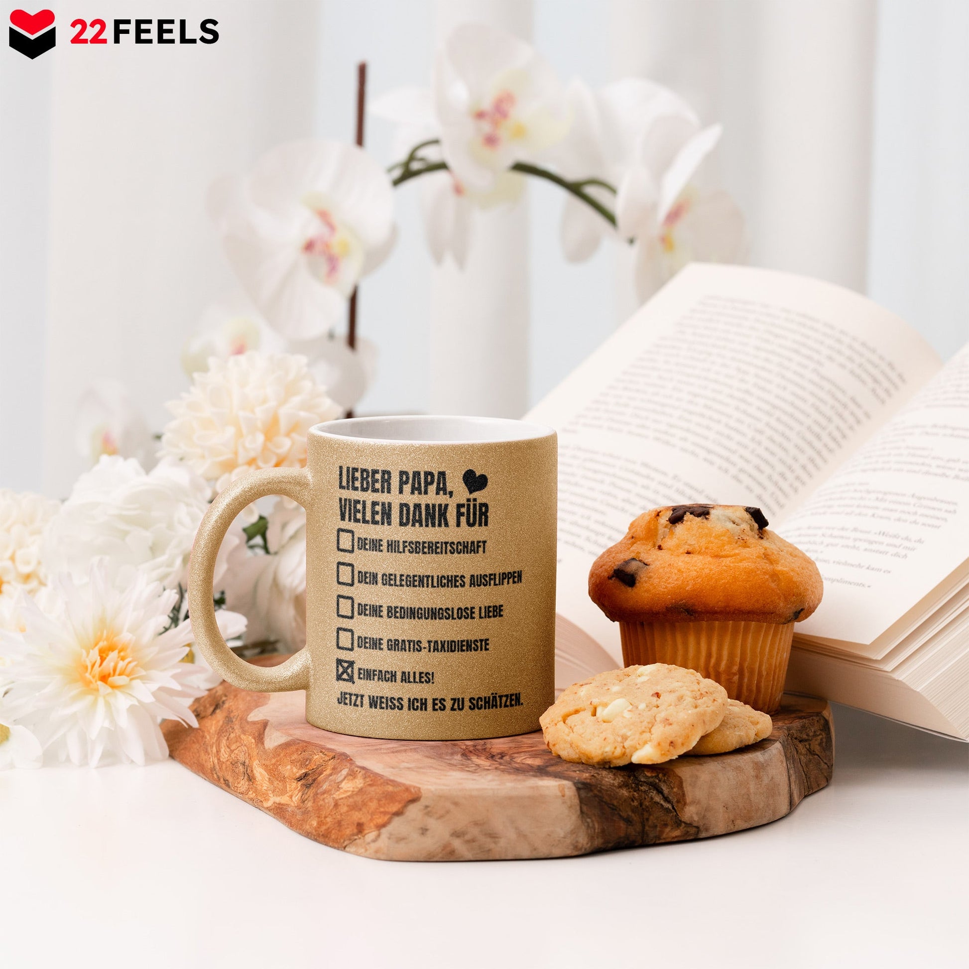 22Feels® Papa Geschenk - Glitzertasse mit Spruch (Gold, 320ml)-Glitzertasse Gold 325ml-22Feels