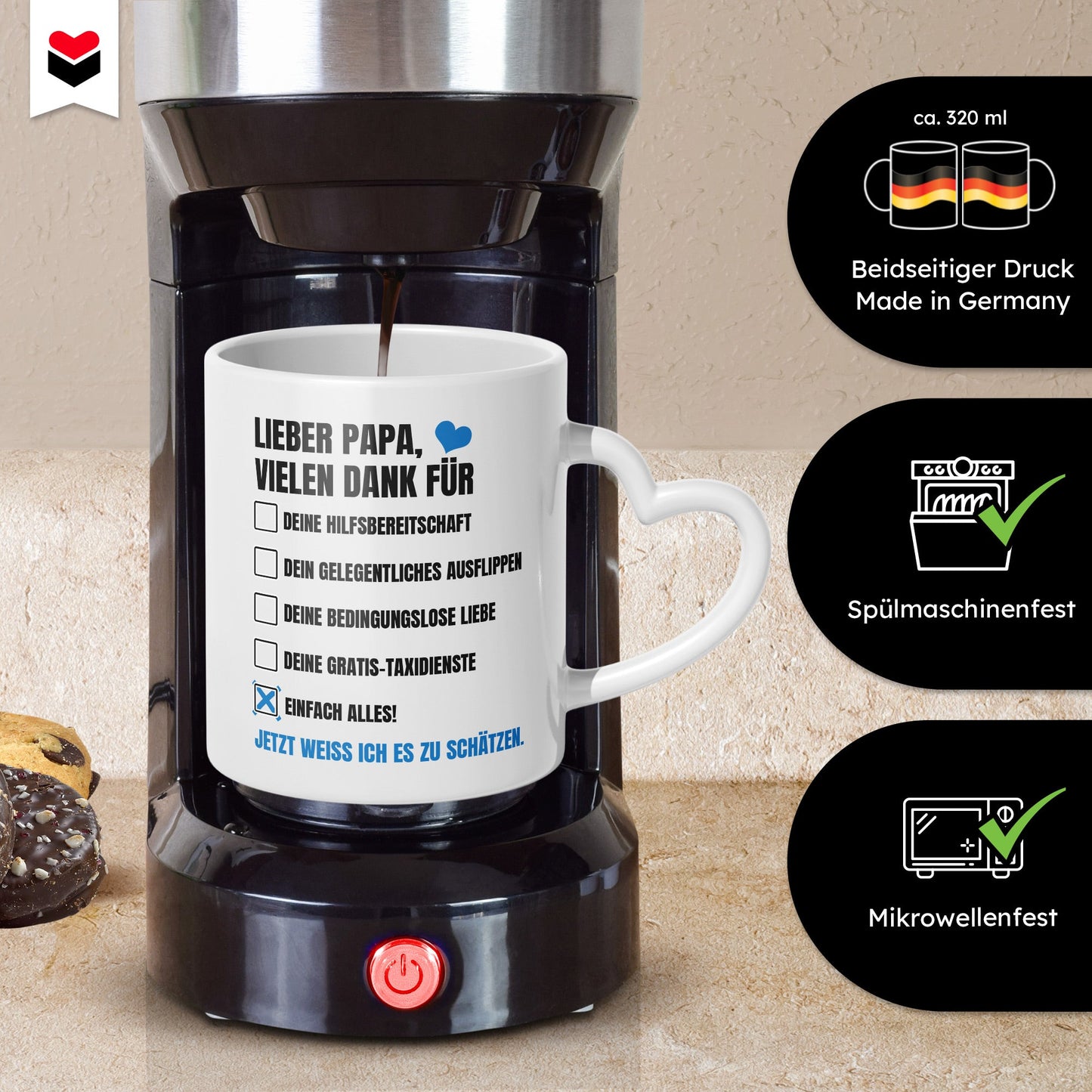 22Feels® Geschenk für Papas - Tasse mit Spruch: Vielen Dank (Herzhenkel, Weiss, 320ml)-Tasse Weiss Herzhenkel 320ml-22Feels