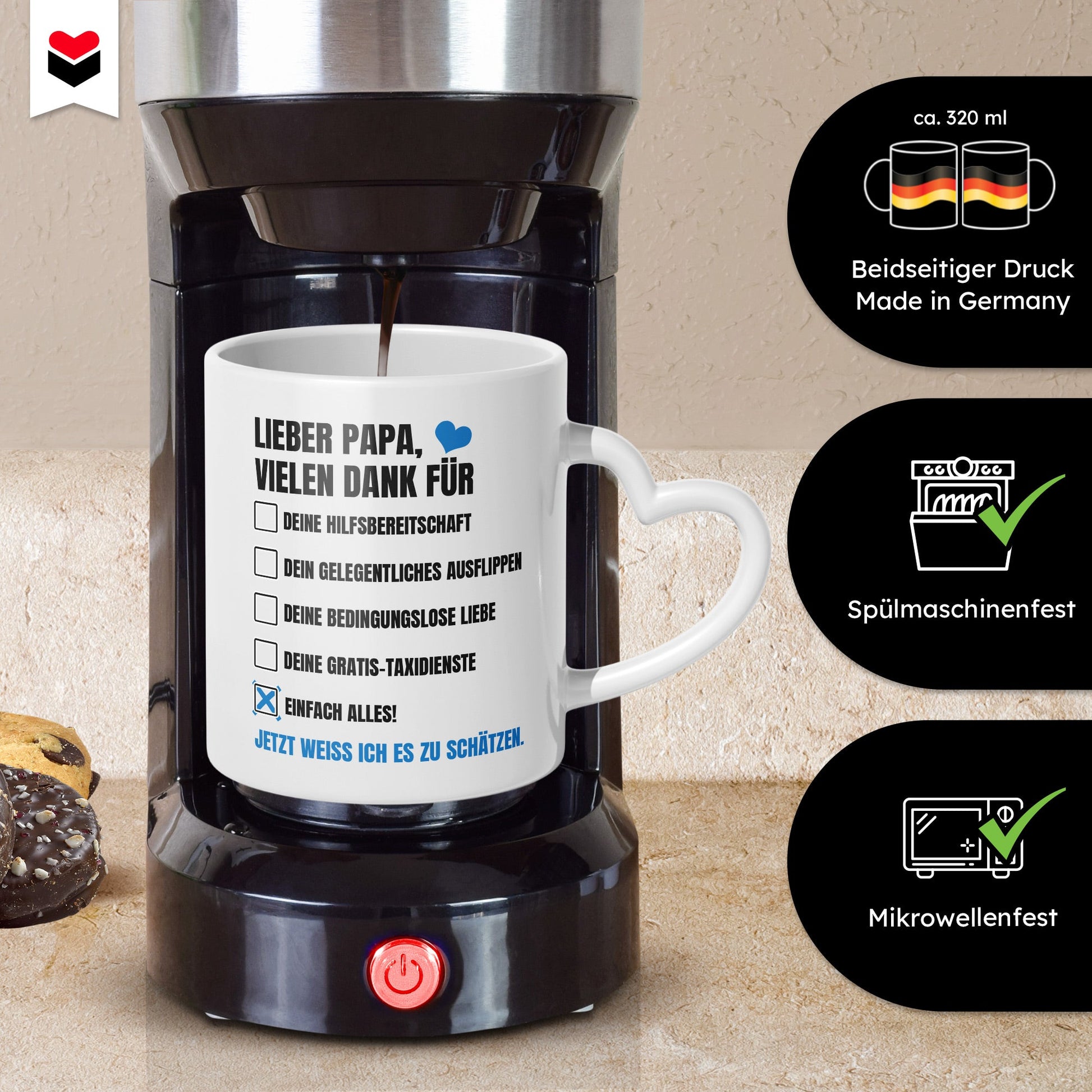 22Feels® Geschenk für Papas - Tasse mit Spruch: Vielen Dank (Herzhenkel, Weiss, 320ml)-Tasse Weiss Herzhenkel 320ml-22Feels